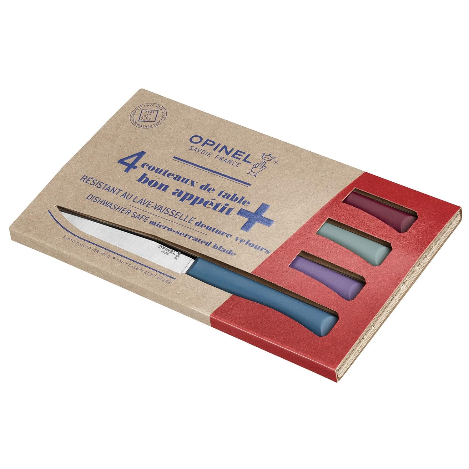 Opinel - Coffret 4 Couteaux de Table Bon Appétit+ Glam - Lame Denture Velours Inox - Manche Confort - Fabrication Française - Bleu Canard, Violet, Sauge, Grenat