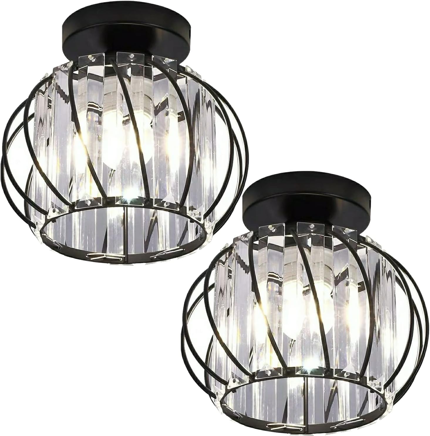 Semi Flush Mount Black LED Ceiling Light Fixtures Crystal Ceiling Lights Chandelier Farmhouse Metal Cage Industrial Ceiling Lighting Fixture for Hallway Entryway Foyer Bathroom (Black-2Pack)