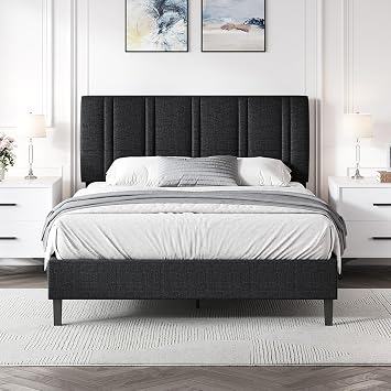 MaverickFurni Queen Upholstered Bed Frame with Headboard, Black
