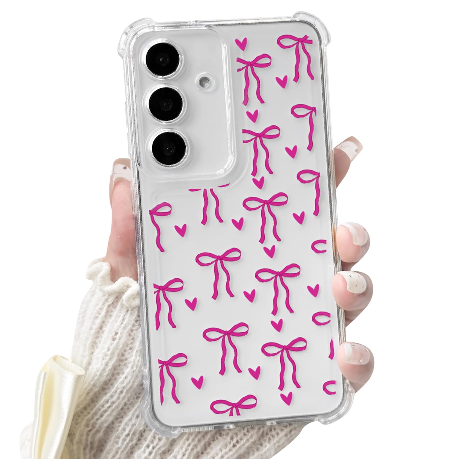 Lovmooful Compatible for Samsung Galaxy S25+ Plus 5G Case Cute Clear Bow Heart with Four Corners Shockproof Design for Girls Women Soft TPU More