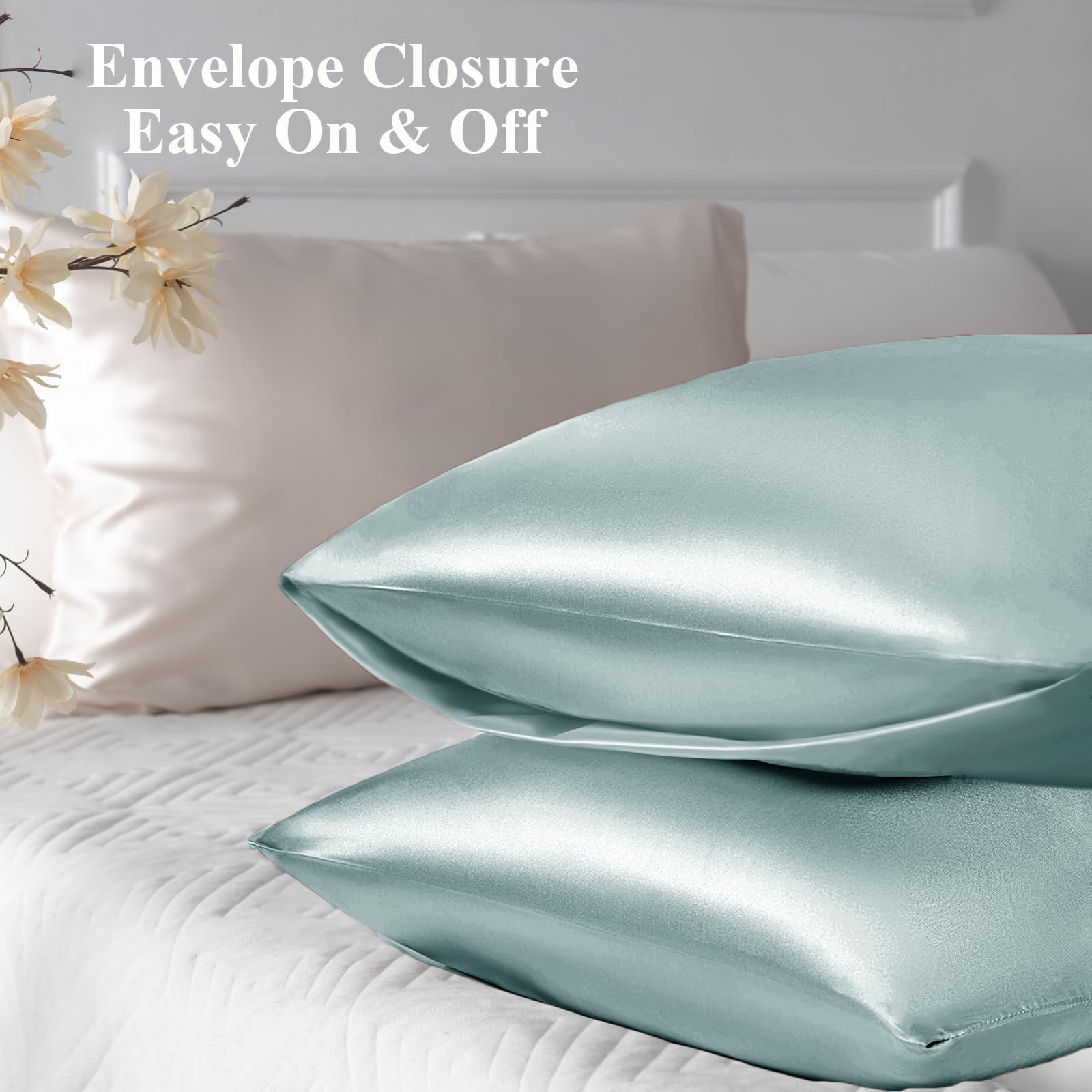 Vielit 2 Pack Satin Pillowcase for Hair and Skin Cooling,Soft as Silk Pillowcase for Hair and Skin,Easier Care than Silk Pillow Case Green 50x75cm Gifts for Women Envelope & 2 Scrunchies - Image 3