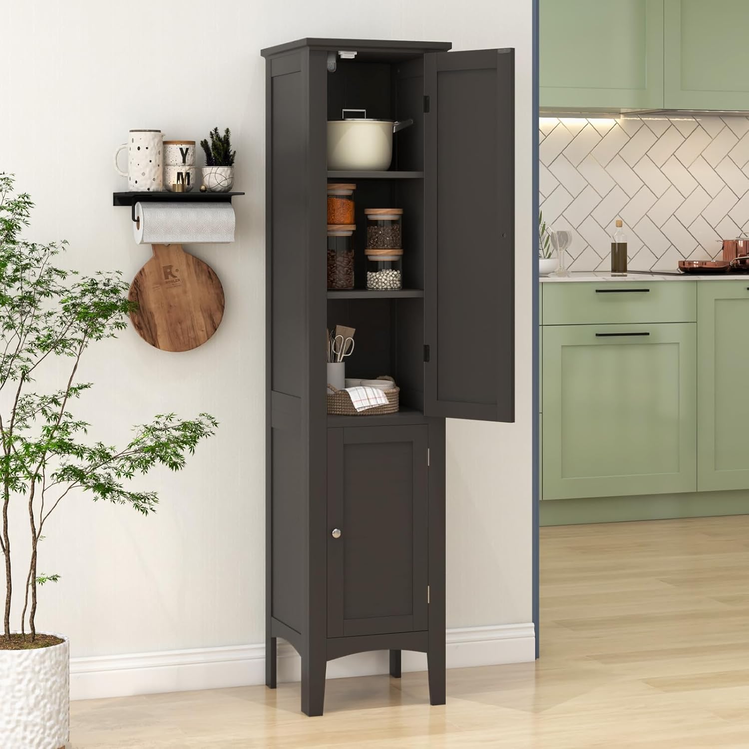 Tall Bathroom Storage Cabinet, Freestanding Narrow Linen Tower Cabinet with Bottom Adjustable Shelves & 2 Doors, Modern Slim Floor Cupboard Cabinets for Small Spaces, Living Room, Home Office