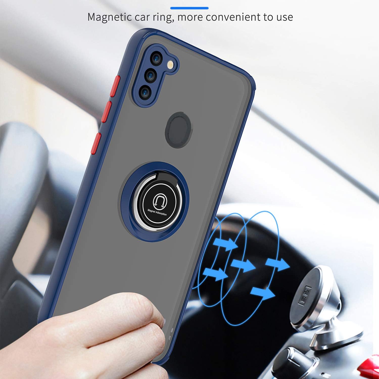 TJS Compatible with Samsung Galaxy A11 Case, with [Tempered Glass Screen Protector][Metal Ring][Magnetic Support] Defender Kickstand Heavy Duty Drop Protector Cover Phone Case (Blue)