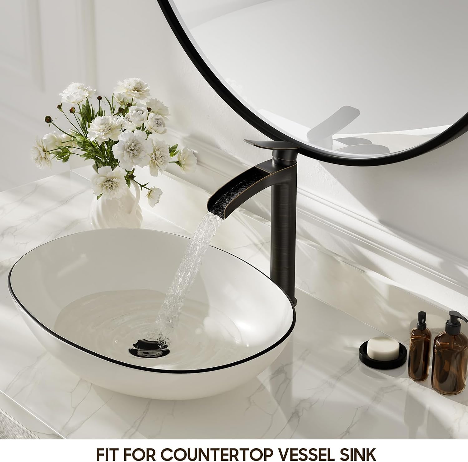 Phiestina Tall Bathroom Vessel Sink Faucet, Single Hole Single Handle Waterfall Oil Rubbed Bronze Above Countertop Sink Bathroom Faucet, with Metal Pop Up Drain and Water Supply Lines, NS-SF01-ORB-V
