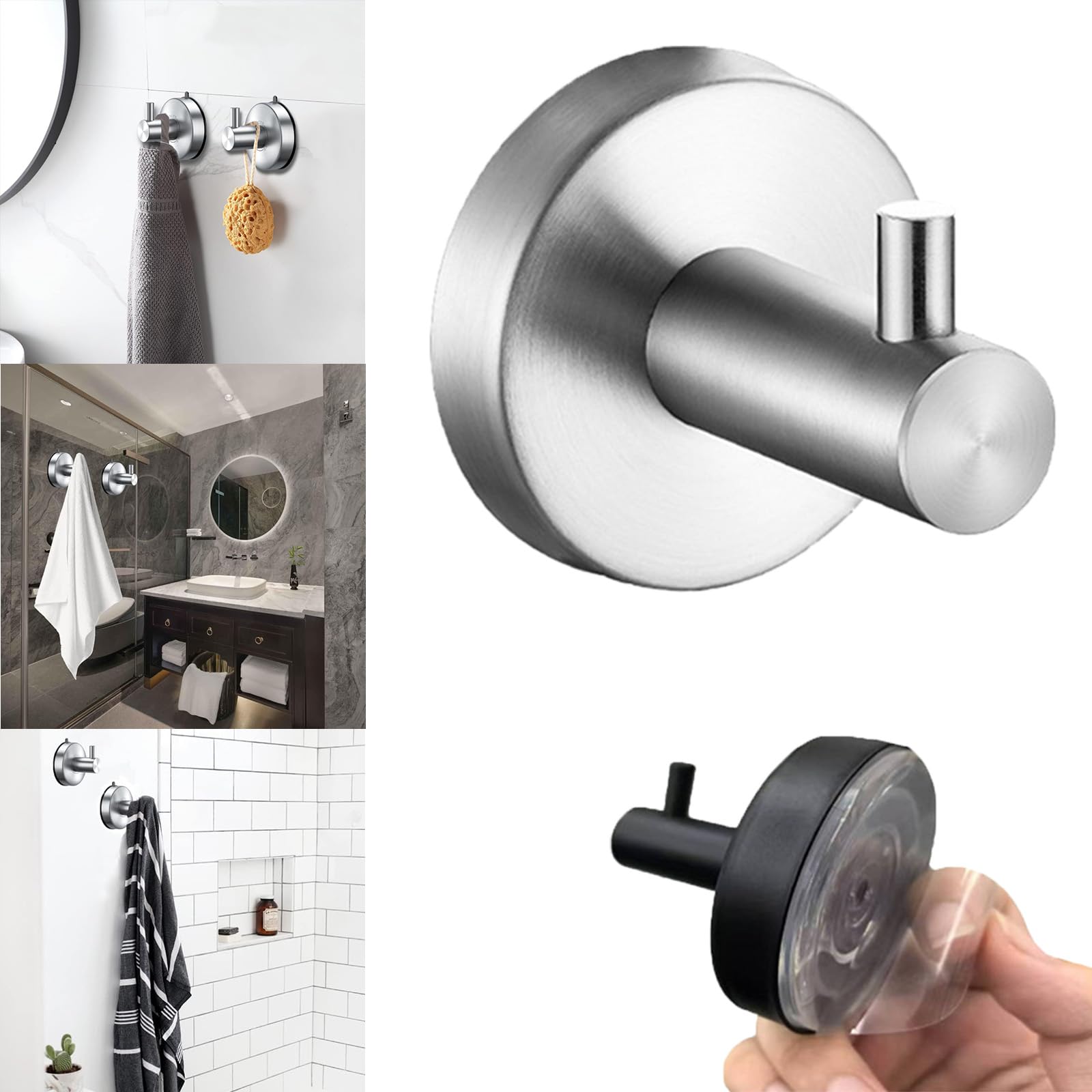 Boxonly Suction Cup Hook for Shower, Bathroom, Kitchen, Glass Door - Heavy Duty Silver Stainless Steel Towel Holder - Waterproof, No-Drill, 5kg Capacity (1-Pack)