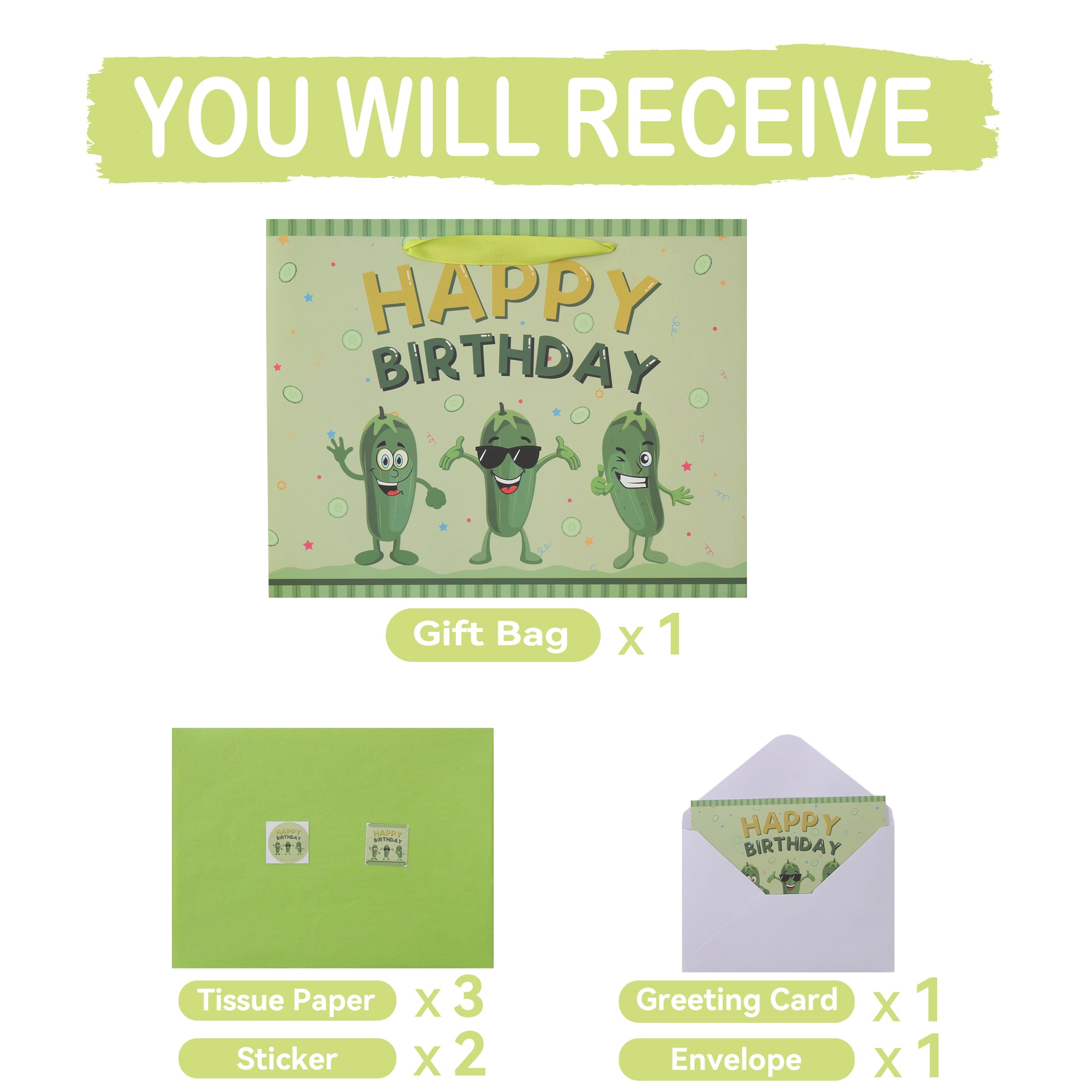 13'' Large Pickle Birthday Gift Bag Set with Handles, Greeting Card, Green Tissue Papers and Stickers for Women Boys Girls Kids Teens for Cucumber Birthday, Baby, Men, Vegetable Themed Design, 1 Pcs