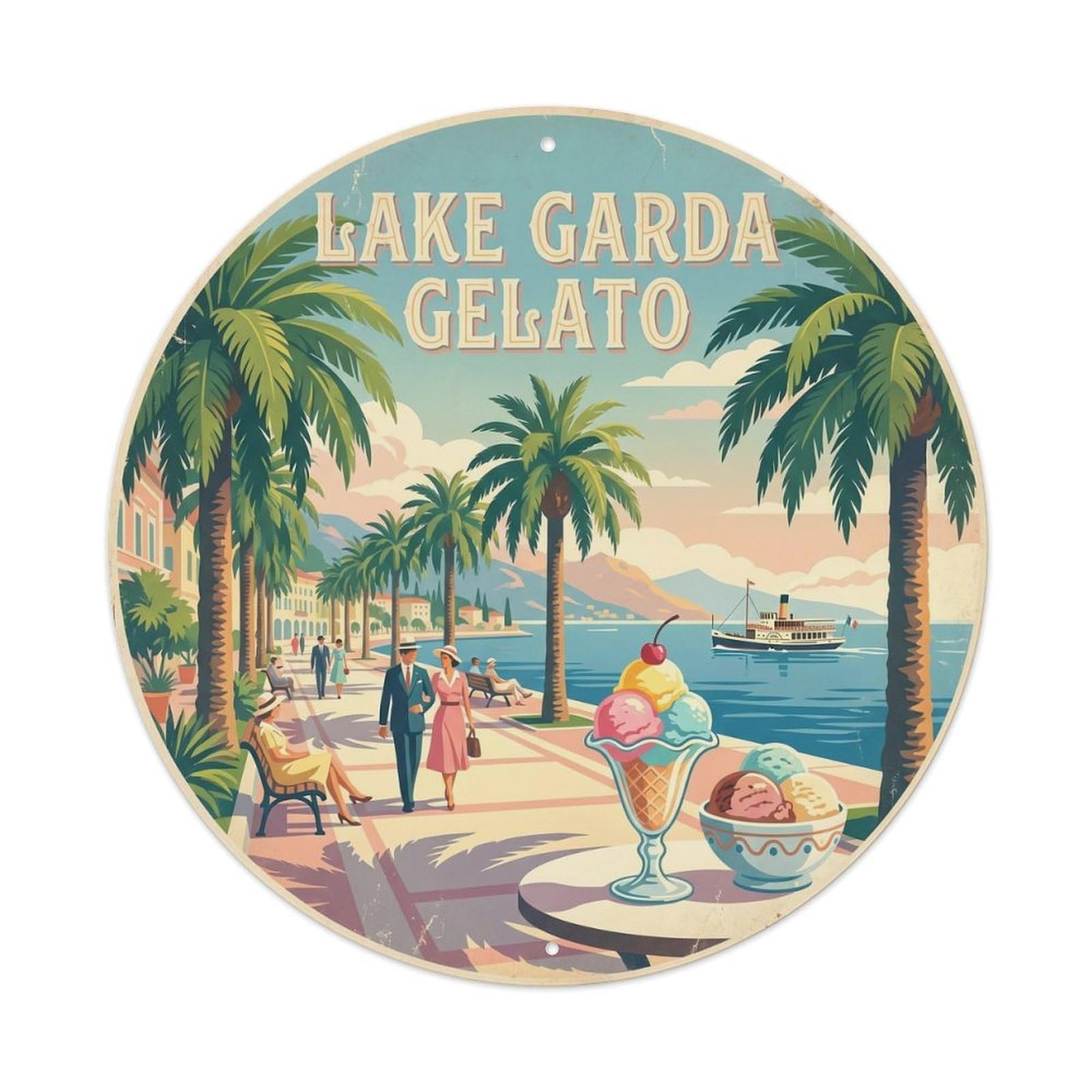 Lake Garda Italy Palms Gelato Culinary Travel Classic Metal Tin Sign