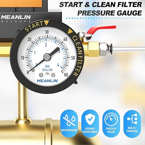 Vista 15 de MEANLIN MEASURE Marco de plástico de 0 ~ 60 psi, medidor de presión de arranque NPT y filtro limpio, adecuado para piscina, spa, acuario, montaje