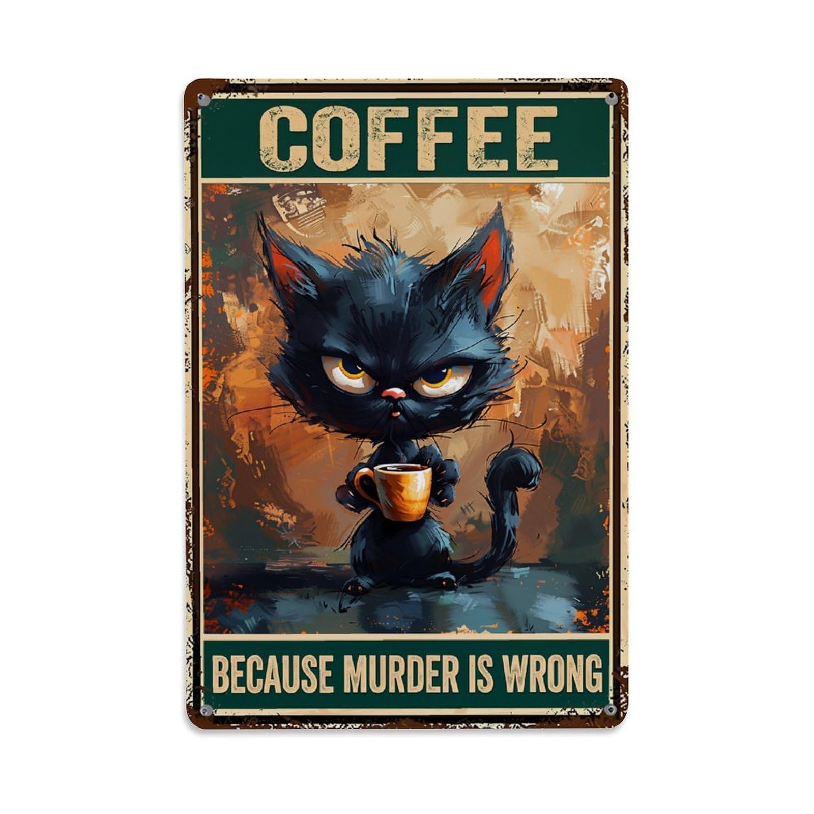 Bliveurn Vintage Angry Black Cat Holding Coffee Retro Metal Tin Sign, Metal Poster For Home, Gaming Room, Studio Workshop,Bar,Garage Wall Art Decor 8X12 Inch