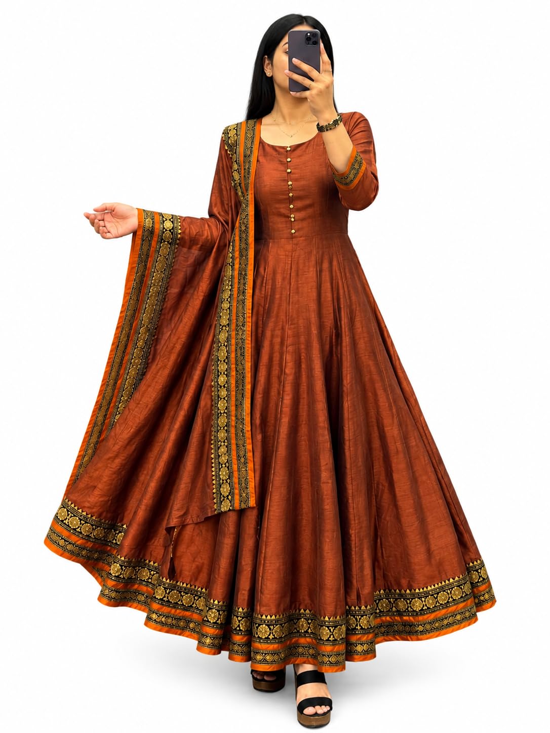Women's Black Anarkali Gown with Dupatta | Cotton Blend Ethnic Dress | Flared Kurta Set |-picture-13
