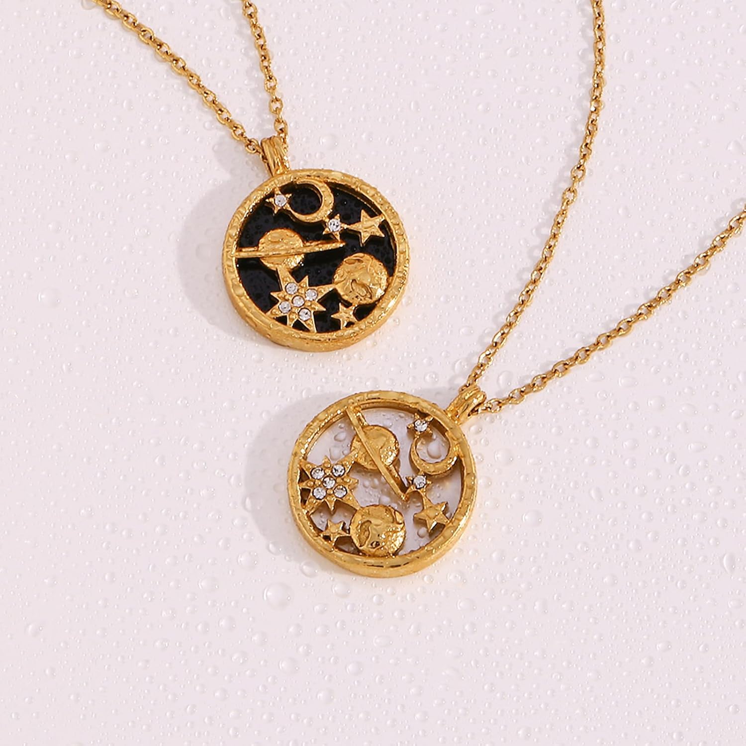 Gold Saturn Necklaces for Women 18K Gold Plated Stainless Steel Moon Star Necklace Dainty Gold Coin with Mother of Pearl Pendant Mothers Day Celestial Jewelry Graduation Gifts - Image 4