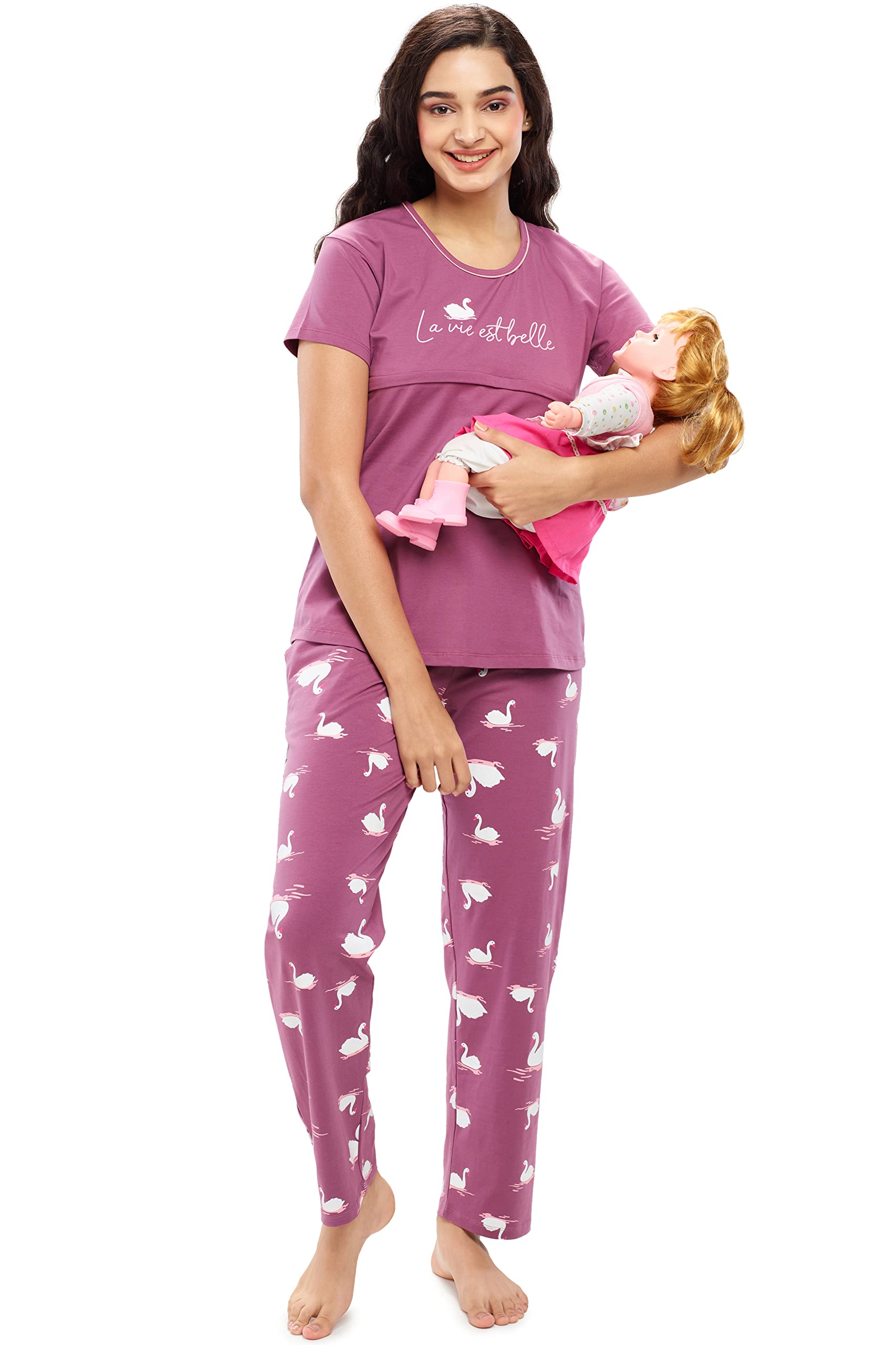 ZEYO Women's Cotton Swan Printed Feeding Night Suit Set of Top & Pyjama Nursing Night Dress 5630