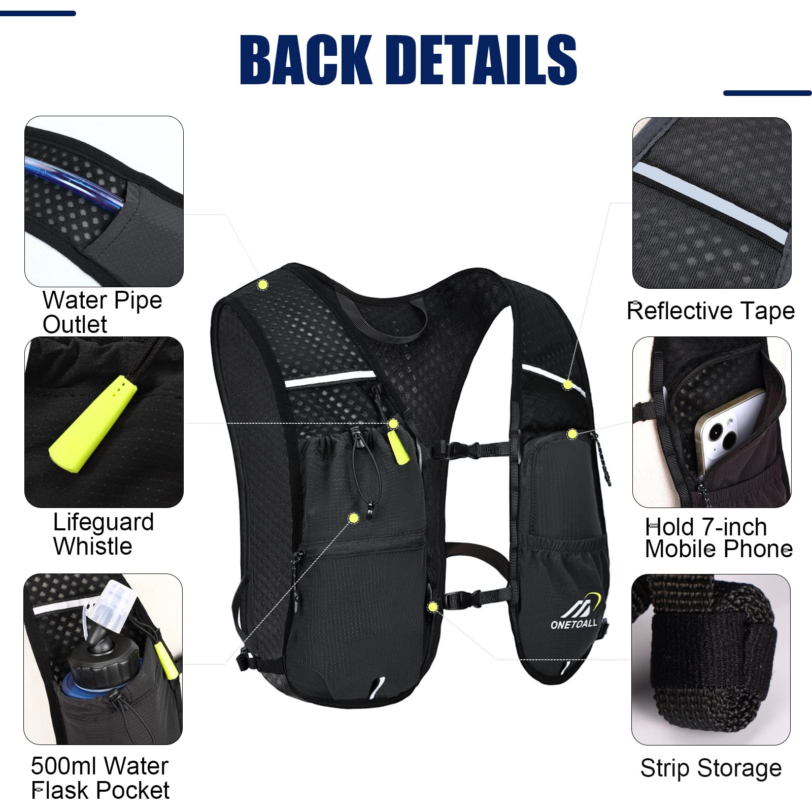 Gilet De Course Léger Respirant - Homme/Femme - Poches Multiples + Porte Téléphone - Bandes Réfléchissantes - Pour Running, Trail, Vélo - 4
