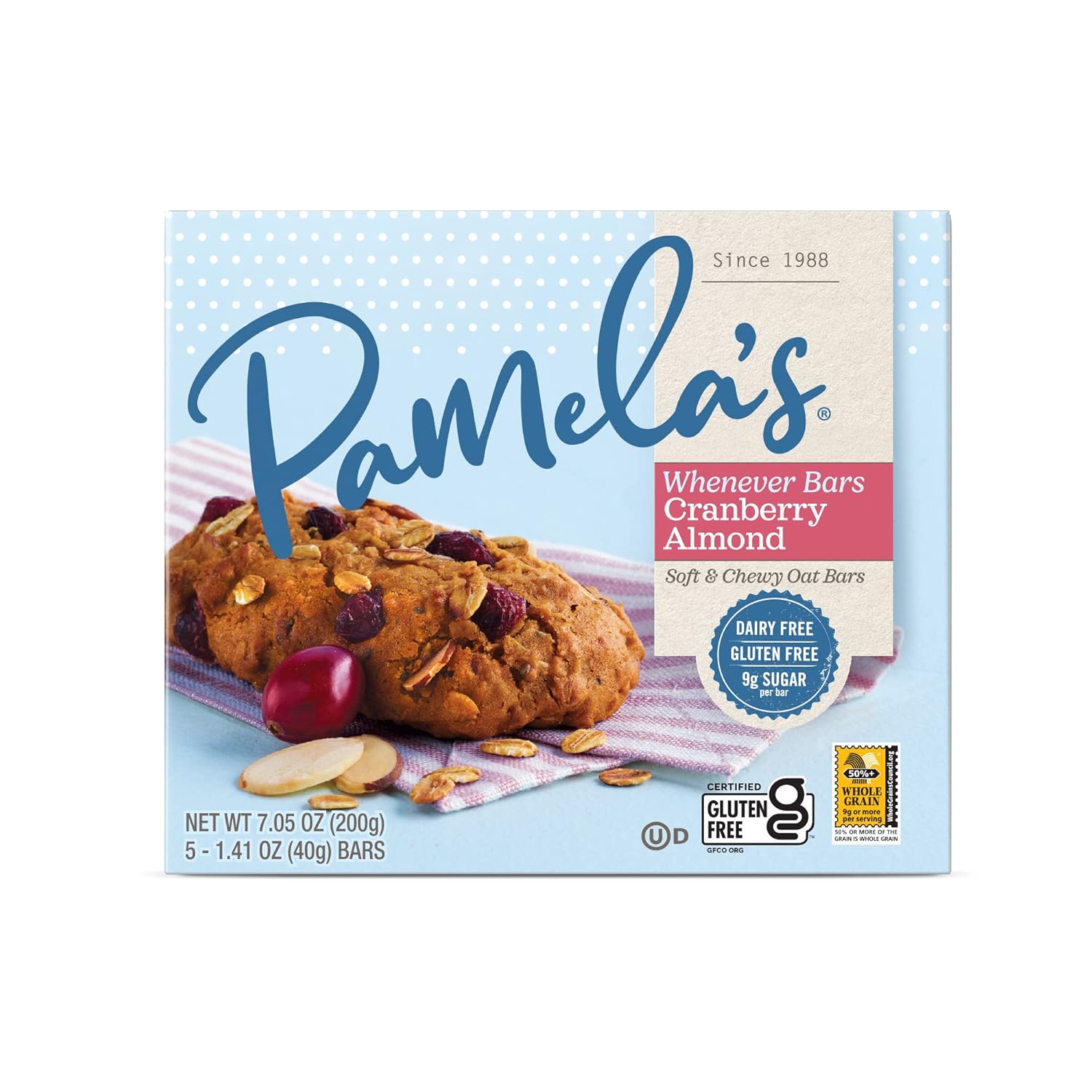 Pamela’s Whenever Bars, Cranberry Almond, Gluten-Free Oats, 7.05 oz. (Pack of 6)