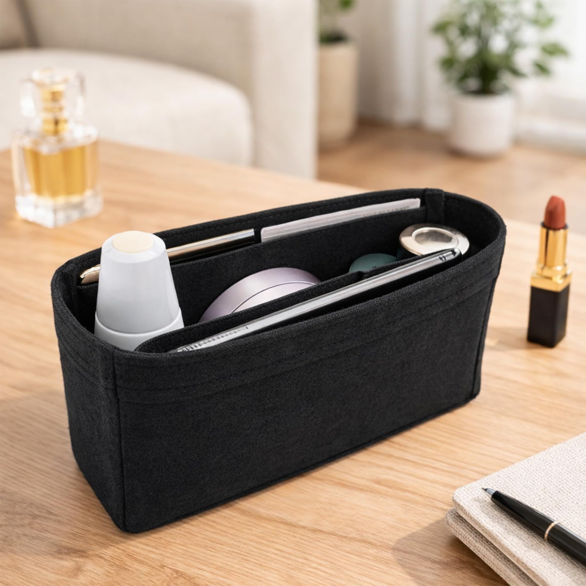 SYUTAM Women Felt Fabric Purse Organizer Inserts for Ladies Shoulder Handbag, Tote, Hobo Bag & Purse Divider, Multiple Storage Compartment (Black) (9x2x4.3) (Size - Small MG)-image-10
