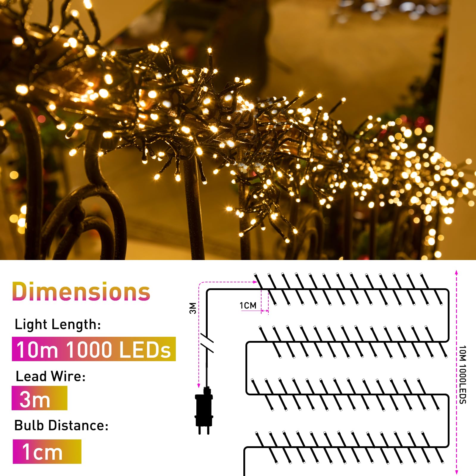 GlobaLink Lichterkette Außen 10m 1000LED Cluster Lichterkette warmweiß, Weihnachtsbeleuchtung außen Strom Lichterkette Weihnachtsbaum 8 Modi Weihnachtsdeko für Innen Neujahr Party Hotel Garten
