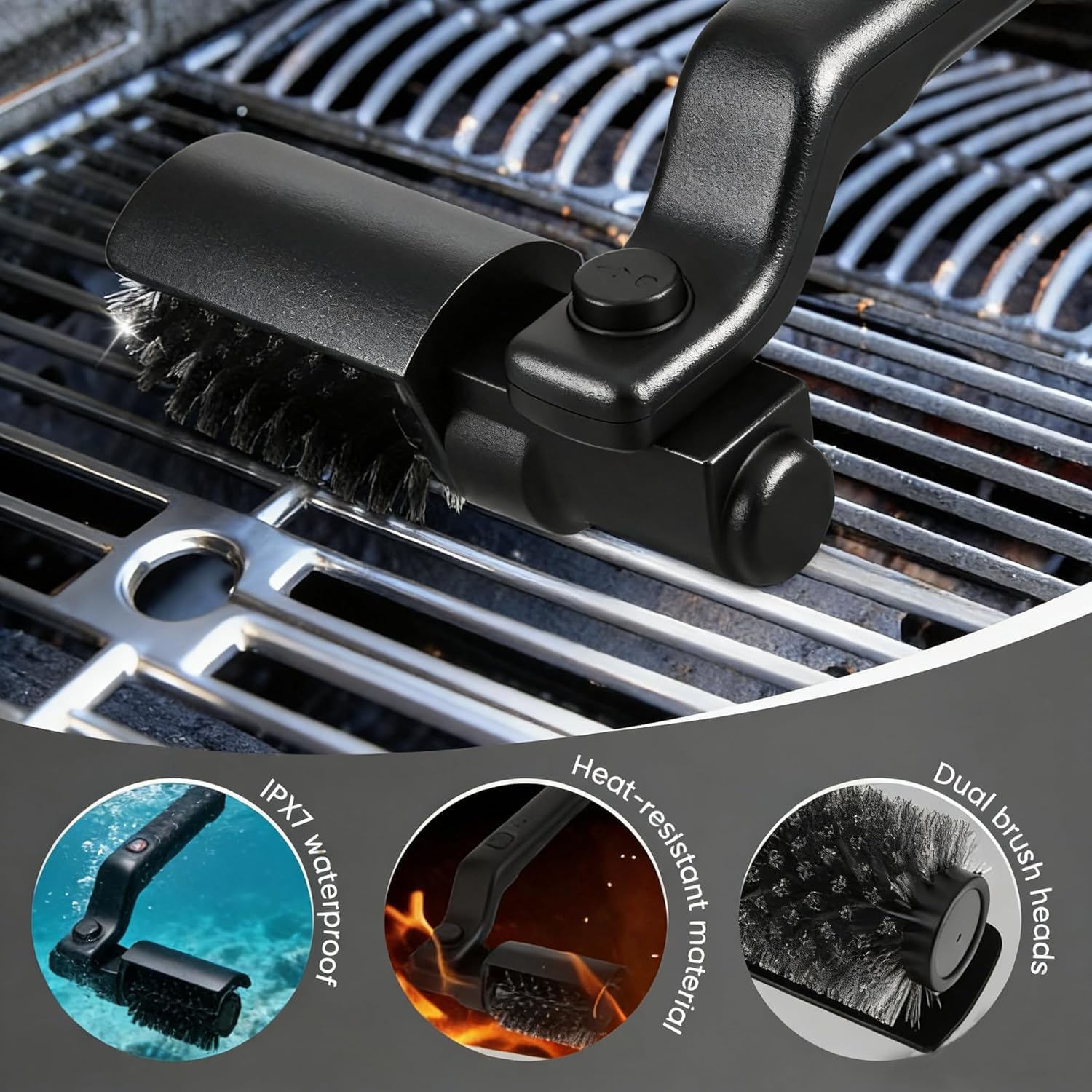 Spazzola per la pulizia elettrica, spazzola migliorata per griglia in ghisa, senza fili in acciaio inox 304, testina in acciaio inox, pulizia a 3 livelli, durata 90 minuti, impermeabile per barbecue