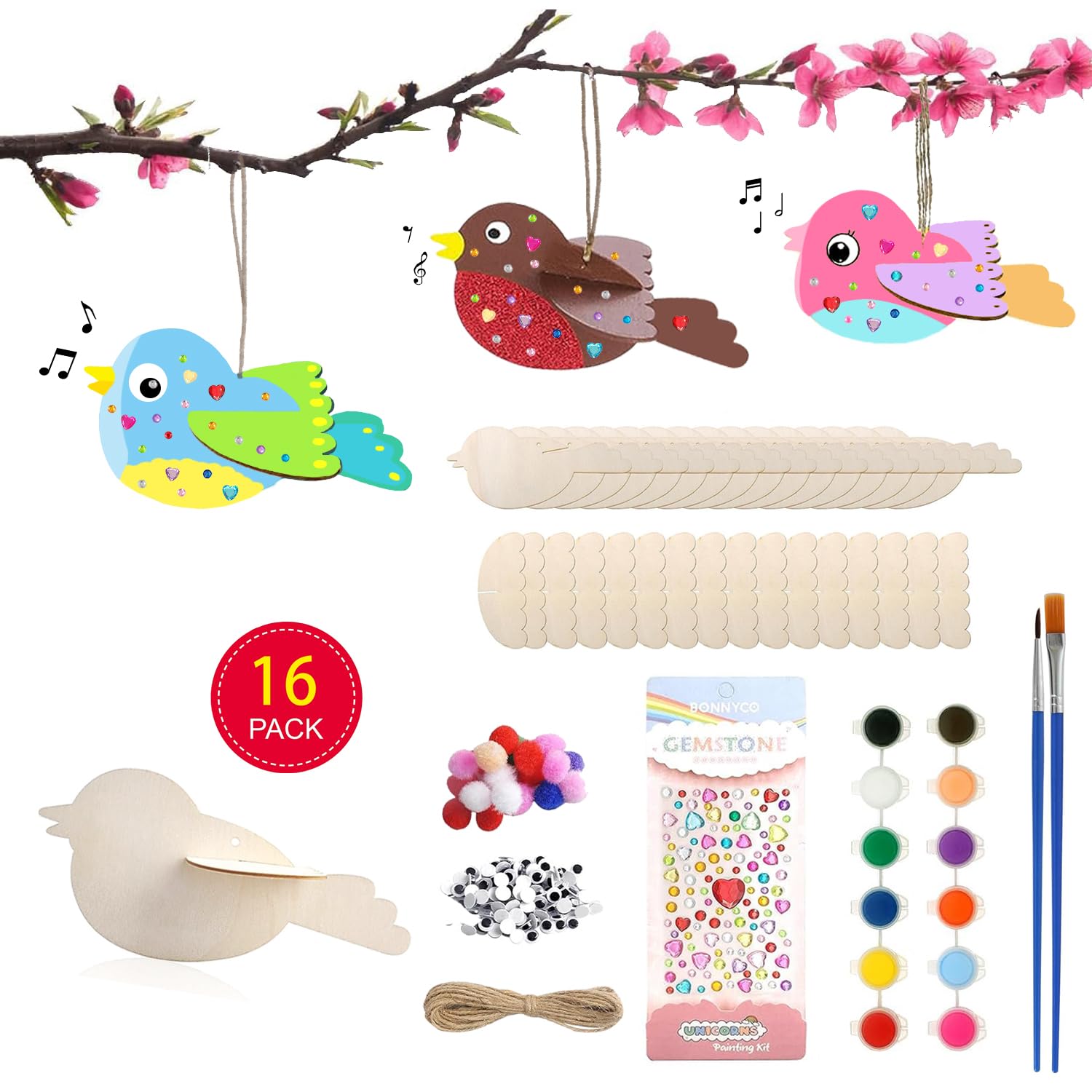 RONIAVL 16pcs 3D Bird Wind Chime Craft Kit for Kids with Paint Make Your Own Bird Wooden Crafts Summer Craft for Kids for Birthday Party Favors Outdoor Garden Patio DIY Arts and Crafts