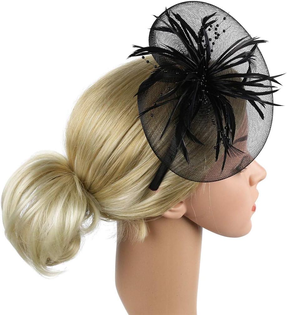 Fascinators Women Fascinator Hat Flower,Feather Fascinator Hat with Hair Clip Netting Feathers Big Flower(Black)