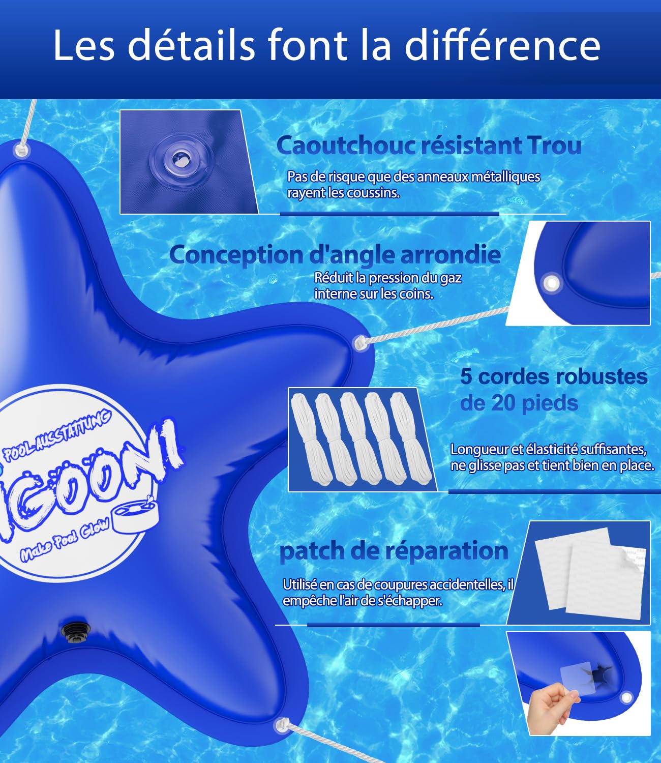 Angooni Coussin de piscine d'hiver 150 × 150 cm XXL avec double couture pour couverture de piscine – Coussin de piscine pour l'hiver avec valve Boston double inflation