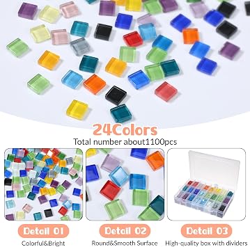 2.31 LB/1100 Pcs Glass Mosaic Tiles Bulk, 24 Colors Clear Mosaic Tile for Crafts with Storage Box 0.4 Inch Square Crystal Glass Pieces for Art DIY, Home Decoration