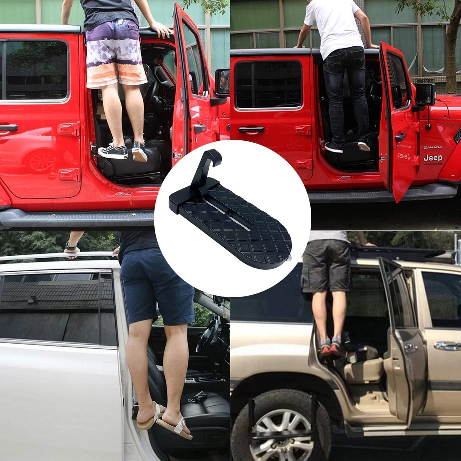 Foldable Car Door Step Universal Latch Hook Foot Pedal Aluminum Alloy Roof Access Ladder SUV Truck Safety Step Anti Slip Climbing Tool Emergency Hammer Function Vehicle Rooftop Access Portable Black 4