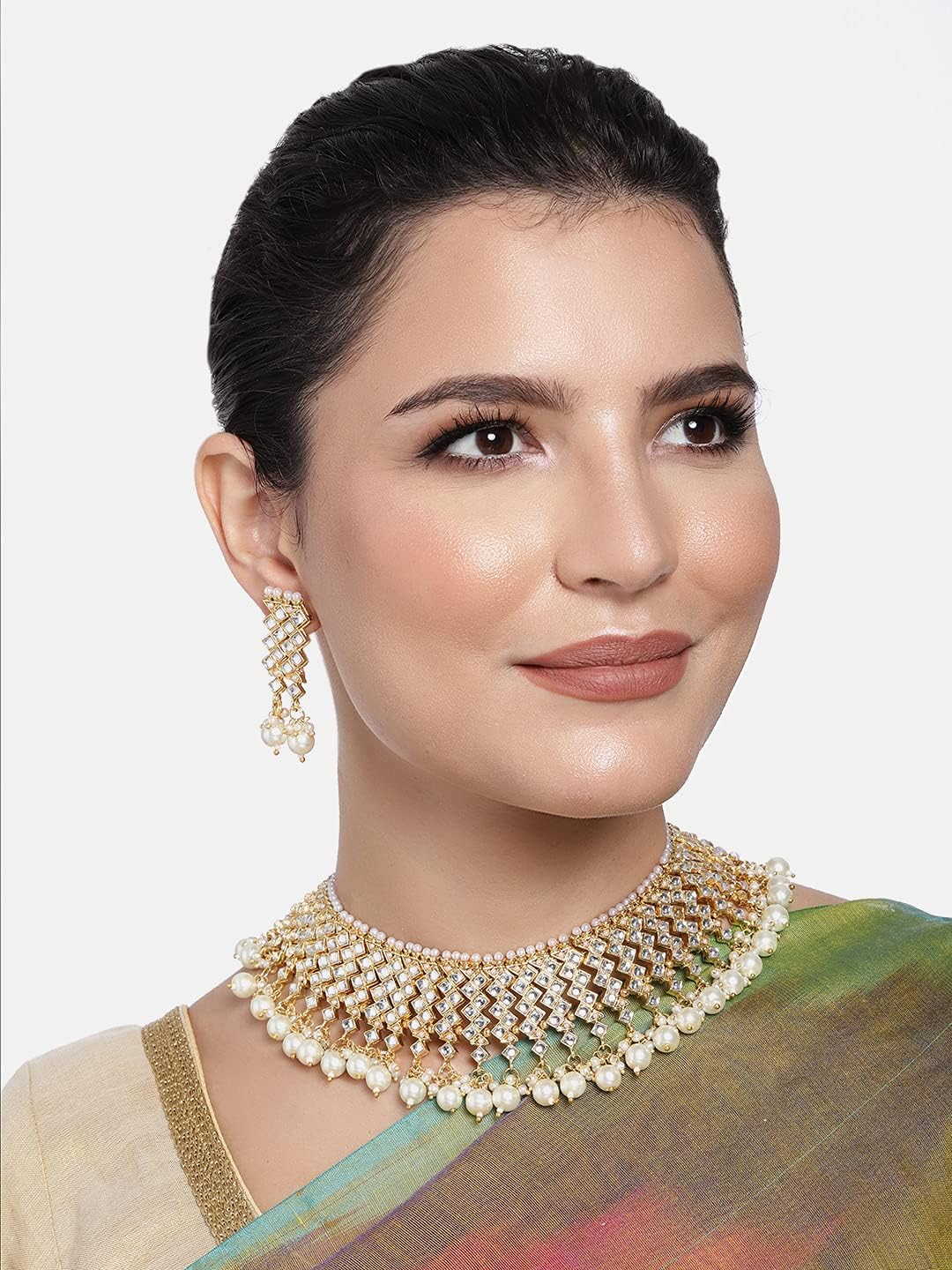 Aheli Kundan Choker Necklace with Earrings & Maang Tikka Indian Traditional Bharatanatyam jewellery Set Gift for Women - Image 2