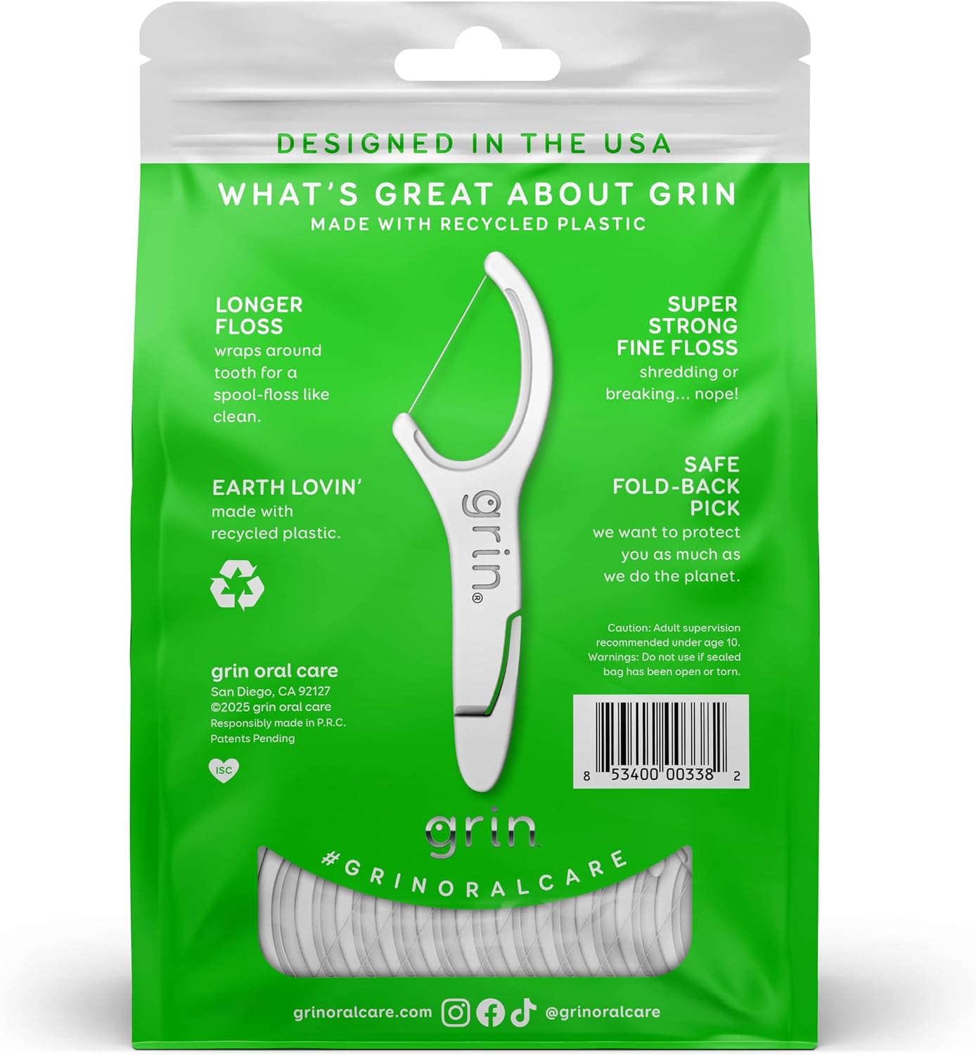 Зубная нить GRIN Clean Flossspyx, 150 зубных щеток, Зубная нить с мятным вкусом, переработанный пластик, Сверхпрочная тонкая зубная нить, плотно прилегающая к зубам, Удлиненная головка зубной нити премиум-класса длиной 150 футов (упаковка из 1 штуки) с надежным клапаном, Зубочистка, фото 2