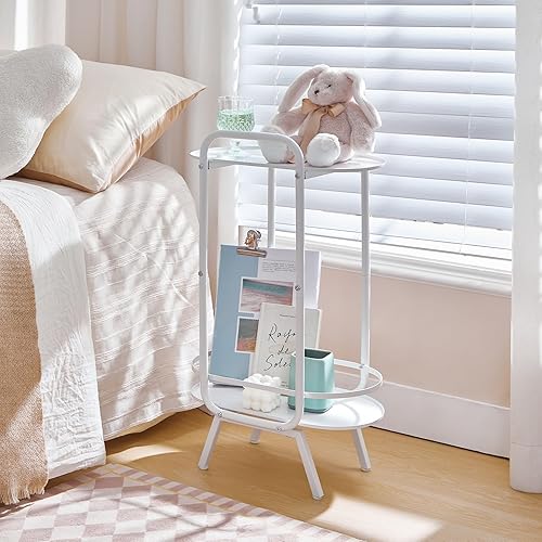 Miniatura 4 de HOOBRO Mesa auxiliar redonda pequeña, bonita mesita de noche blanca, mesa auxiliar ovalada de 2 niveles con bandeja de almacenamiento, para sala de