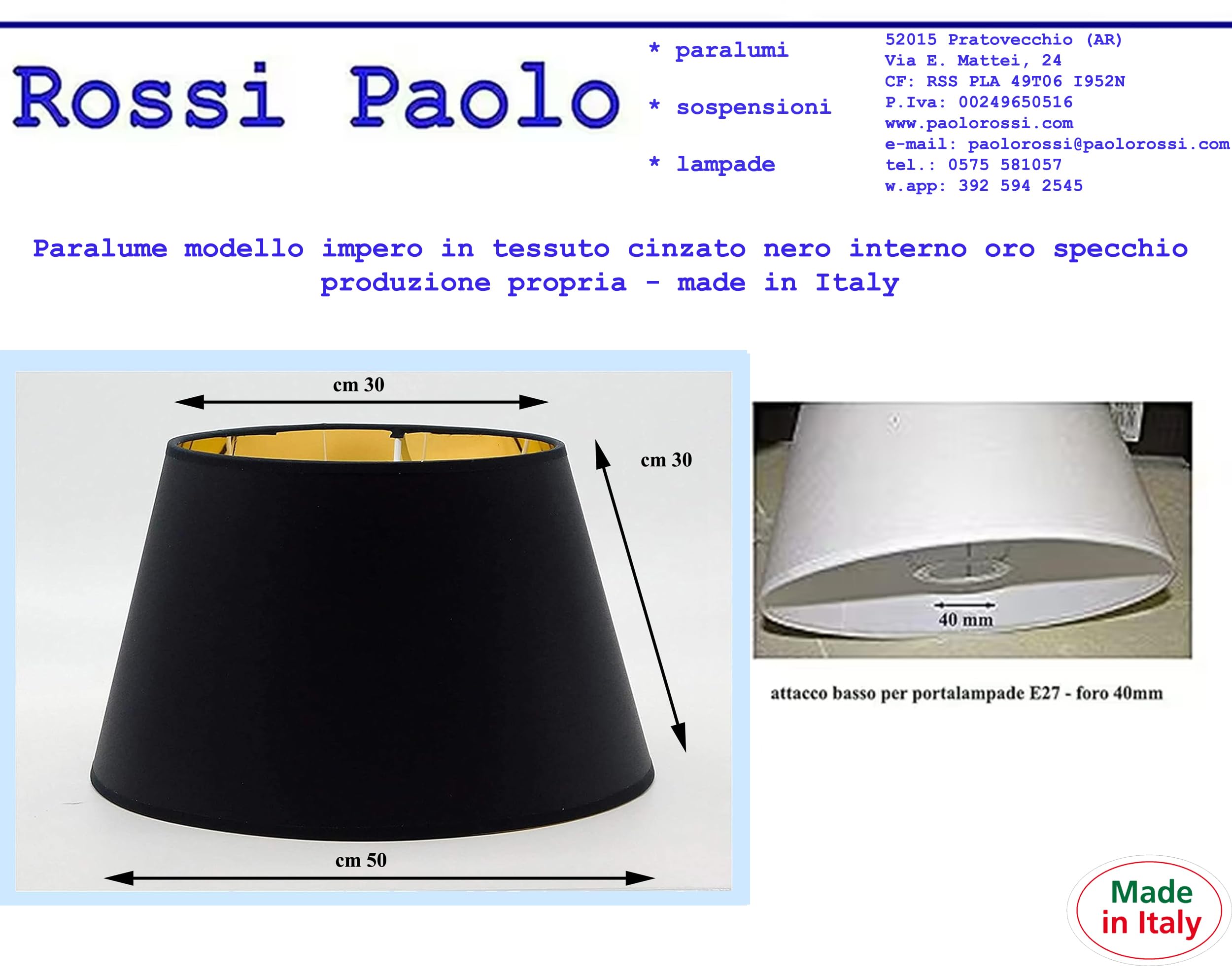 Paolo Rossi paralume prime modello impero in tessuto cinzato nero con interno oro specchio - produzione propria, Made in Italy (nero interno oro, diametro cm 50)