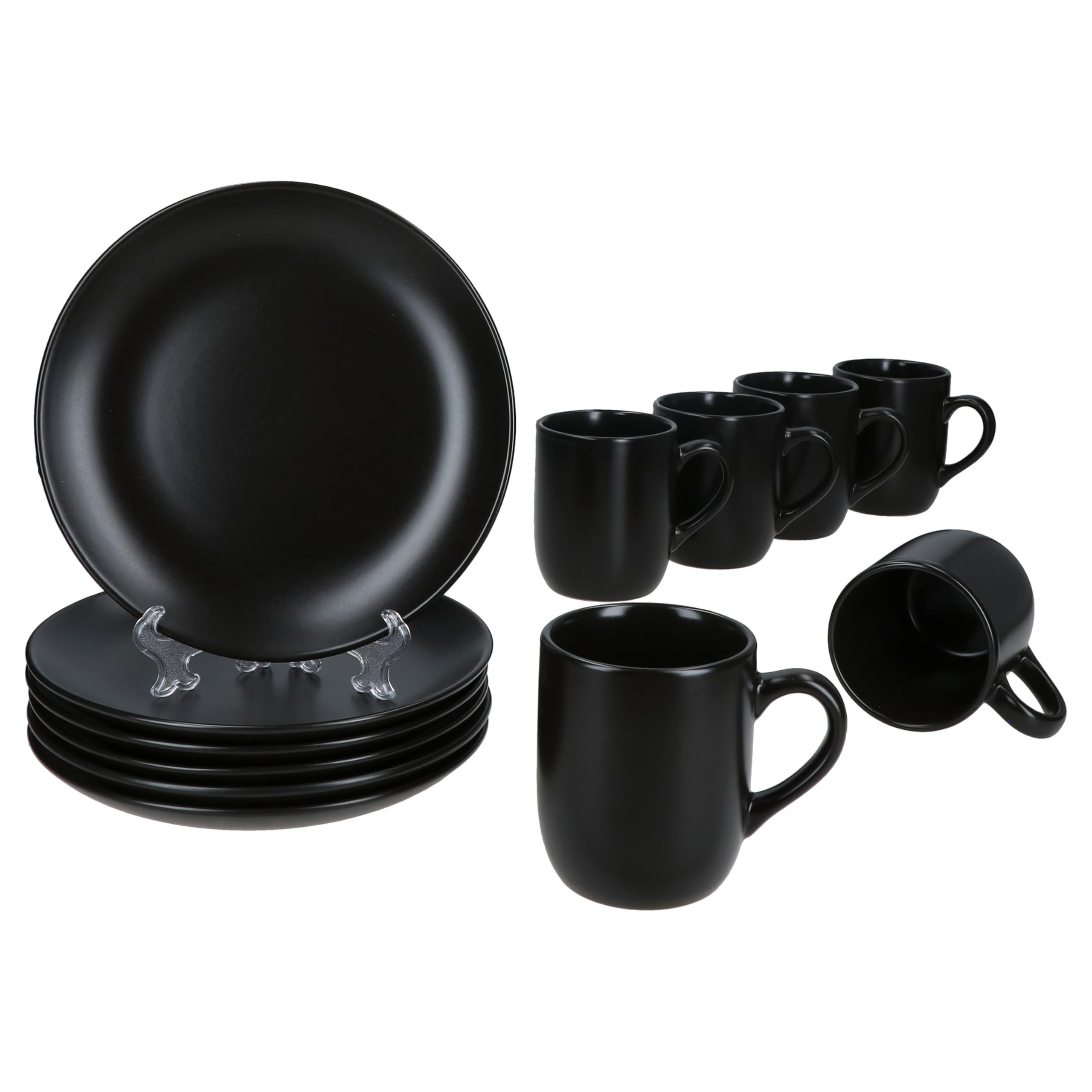 MamboCat Panther Service de petit-déjeuner 12 pièces noir I 6 petites assiettes et 6 tasses à café mates de 340 ml, hauteur 10,3 cm pour 6 personnes I Tasse, assiettes à gâteau I Vaisselle en faïence