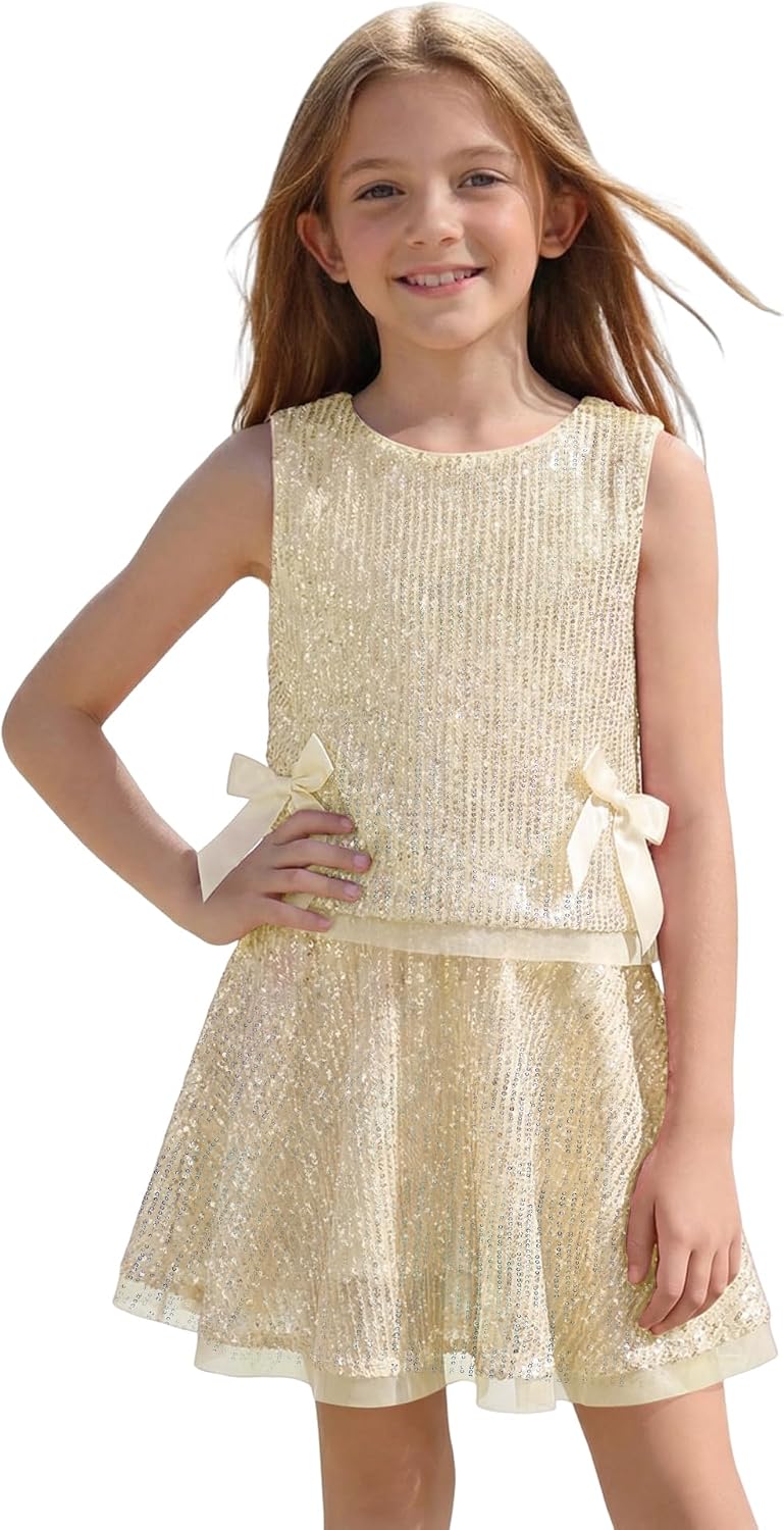 Haloumoning Girls Sequin Skirt Set Kids Sparkly Tank Tops and Flowy A-Line Skirts Skorts Cute Summer Outfits 5-14 Years