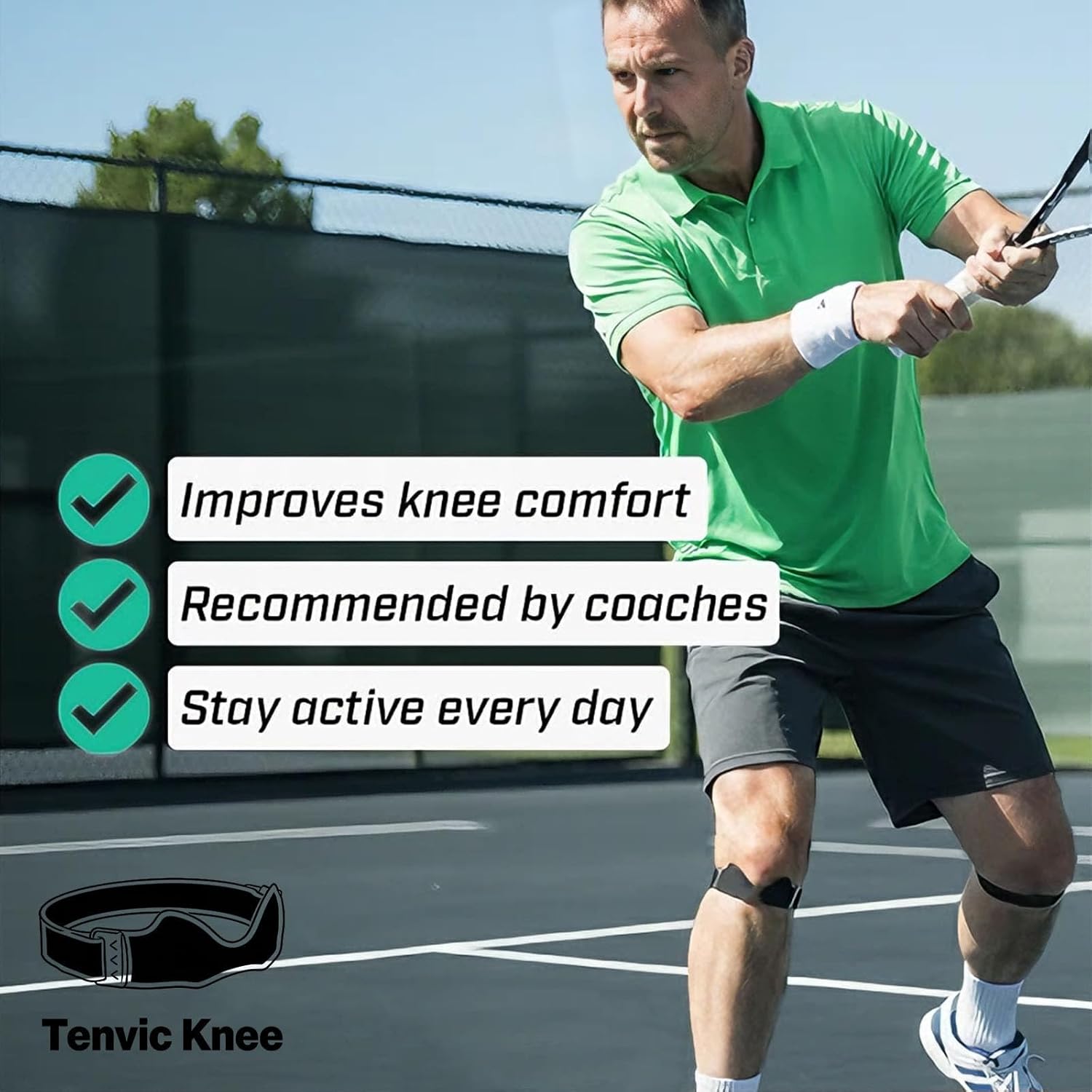 Strap for Tennis, Support Strap for Knee with 8-Shaped Padding & 360° Compression, Built-in Non-Slip Silicone & Adjustable Fit, for Tennis, Running, Pickleball, Padel
