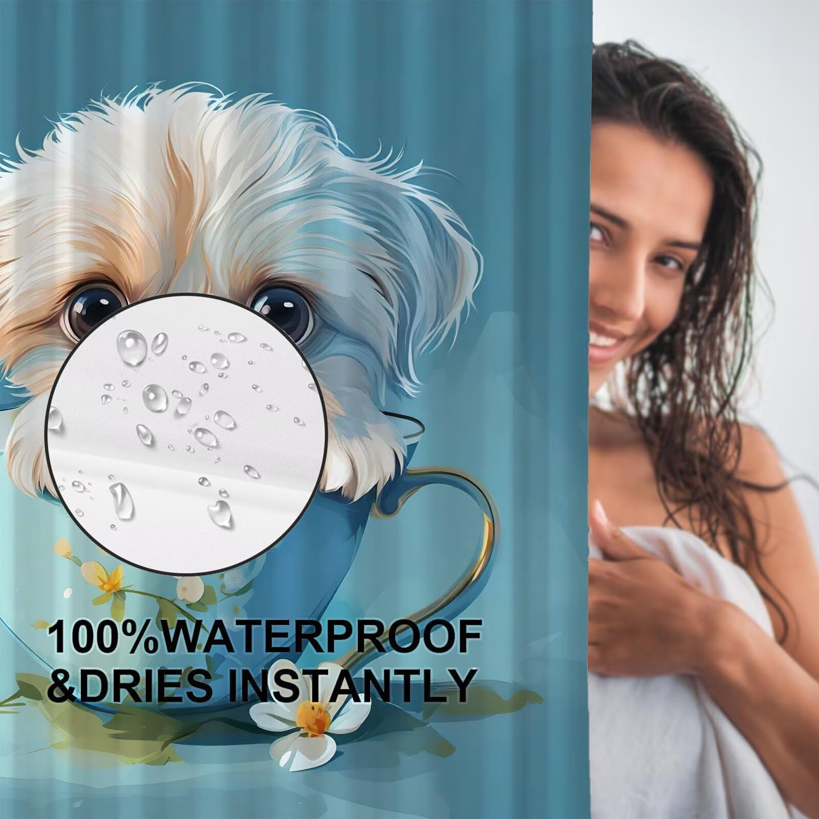 Duschvorhang 180 x 240 cm - Tee Tasse Hund, Shower Curtains mit 12 Duschringen, Schimmelresistent und Wasserabweisend, Duschvorhänge Polyester Stoff Waschbar Badezimmervorhang für Dusche Bad v-101
