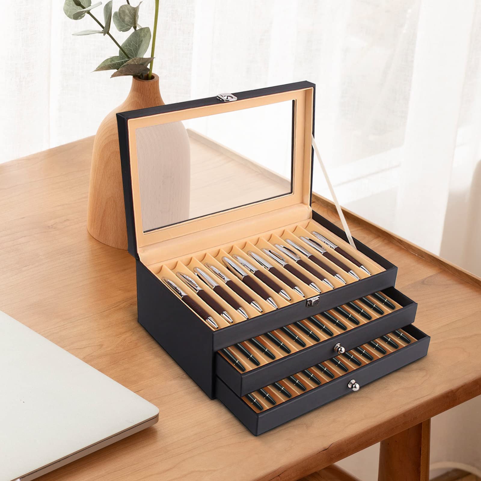 Caja expositora para pluma estilográfica, caja de presentación de cuero, organizador de almacenamiento, caja de almacenamiento, caja de madera, organizador (36 ranuras, negro)