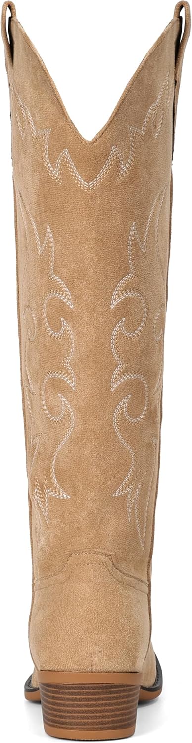 Suede Cowboy Boots for Women Knee High Western Cowgirl Boots Pointed Toe Low Heel Classic Embroidered Boot - Image 6