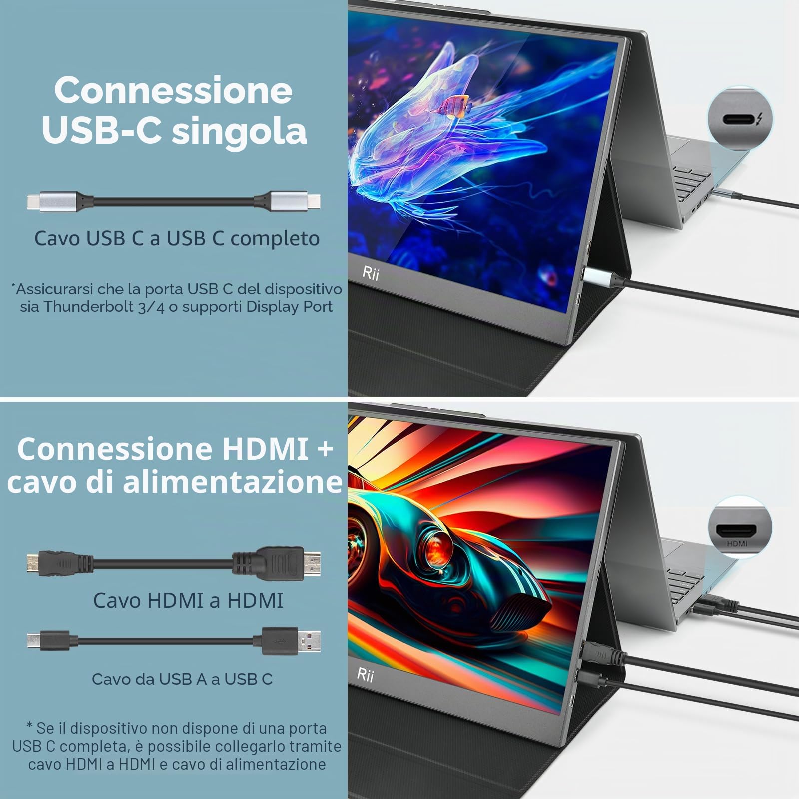 Rii RS100 - Monitor multimediale portatile 15.6" ultra sottile, IPS Full HD 1080p 60 Hz, HDR, Eye Care, 16:9, Altoparlanti stereo integrati, Ingressi audio/video USB-C e Mini HDMI, cover con supporto