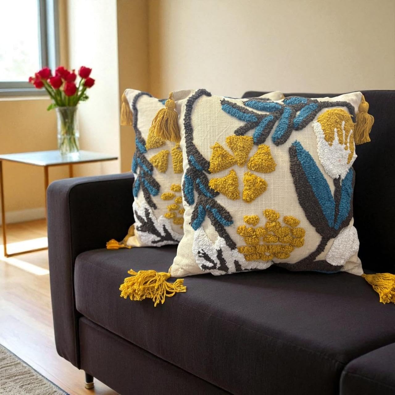 Handmade Cotton Bohemian Home Decor Cushion Cover 24x24 inches / 60x60 cms - Boho Chic Couch Sofa Throw Living Room Bedroom Cushions (1, Corn Fields)-picture-34