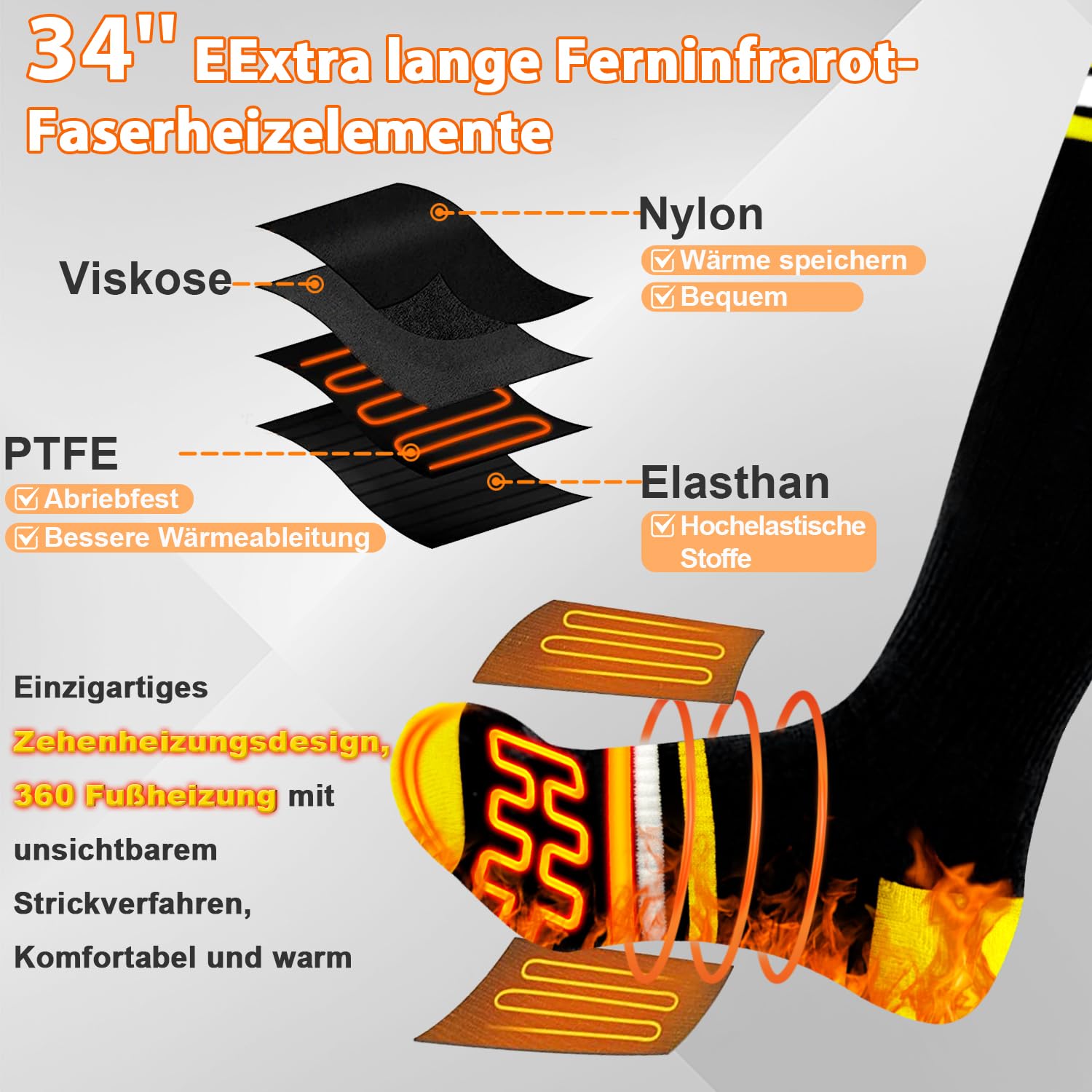 Calze Riscaldate a Batteria 6000mAH Calzini Scaldapiedi Con controllo dell'app, USB Riscaldati Scaldapiedi Elettrico Calze Design del calore in punta di piedi Termiche per Sci, Pattinaggio,Escursioni