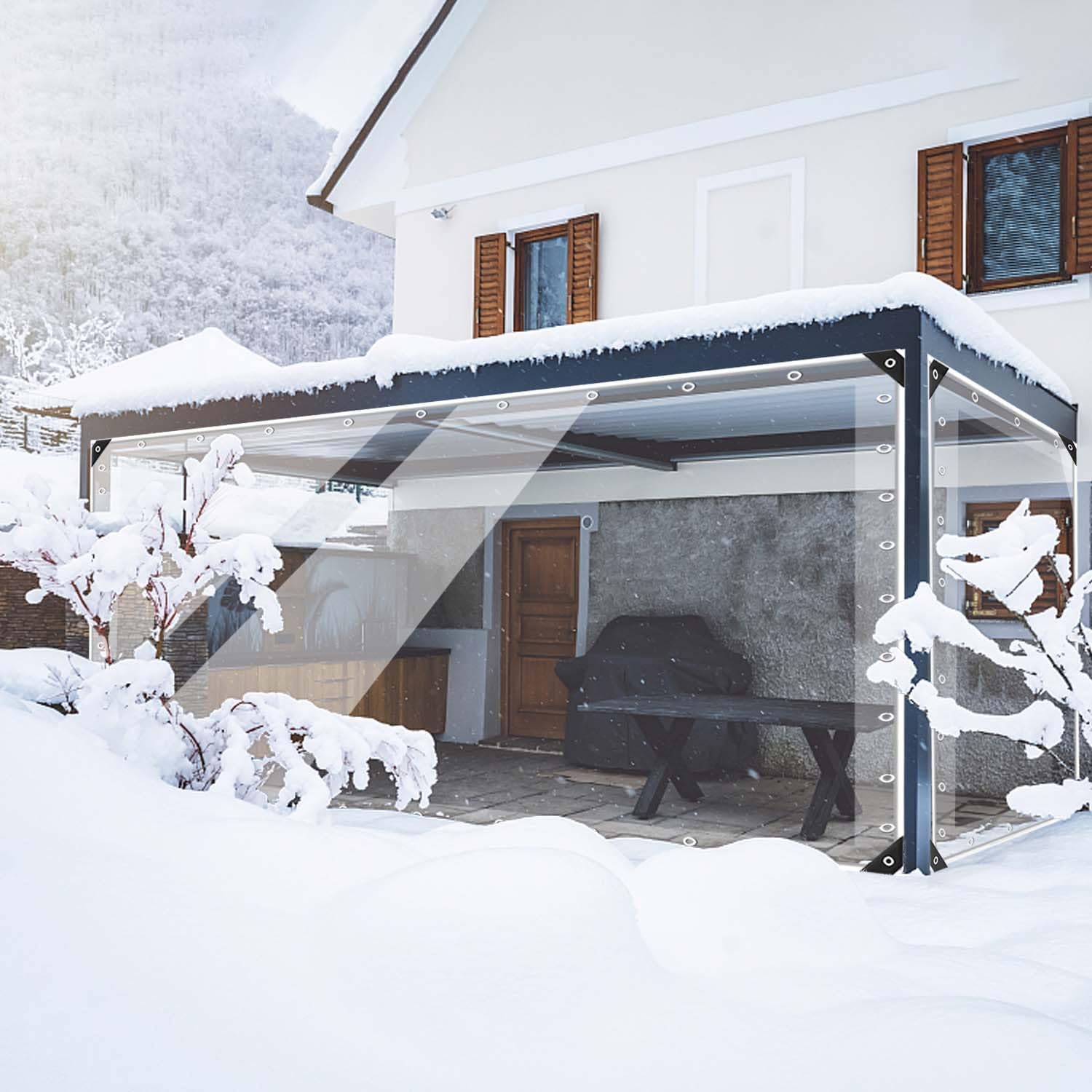 15oz Outdoor Clear Curtain, PVC Vinly Outdoor Clear Panel Curtain, Weather Resistant Outdoor Curtain for Pergola, Porch, Gazebos, with Rustproof Grommets-8'H x 7'W(84''W x 96''L,H=L)