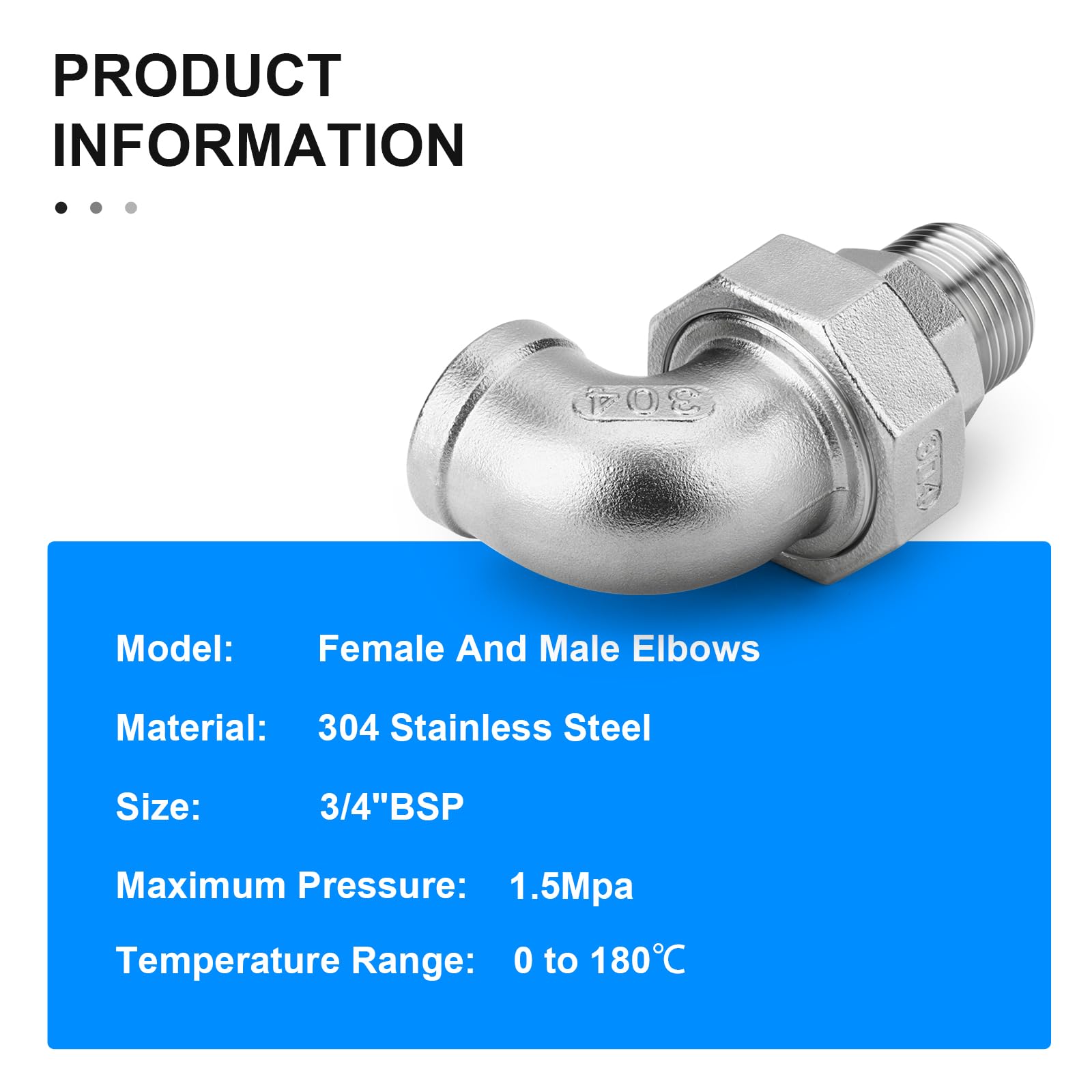 TAILONZ PNEUMATIC Coude en acier inoxydable 304 moulé Raccord de tuyau à angle droit 90 degrés Adaptateur fileté BSP 3/4" mâle x 3/4" femelle (lot de 2)