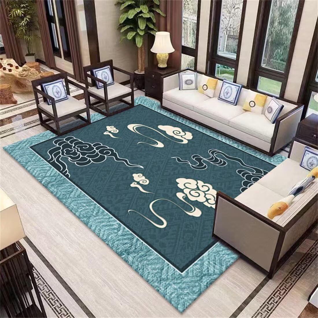 Tapis de salon bleu oriental 150x200cm pour chambre cocooning