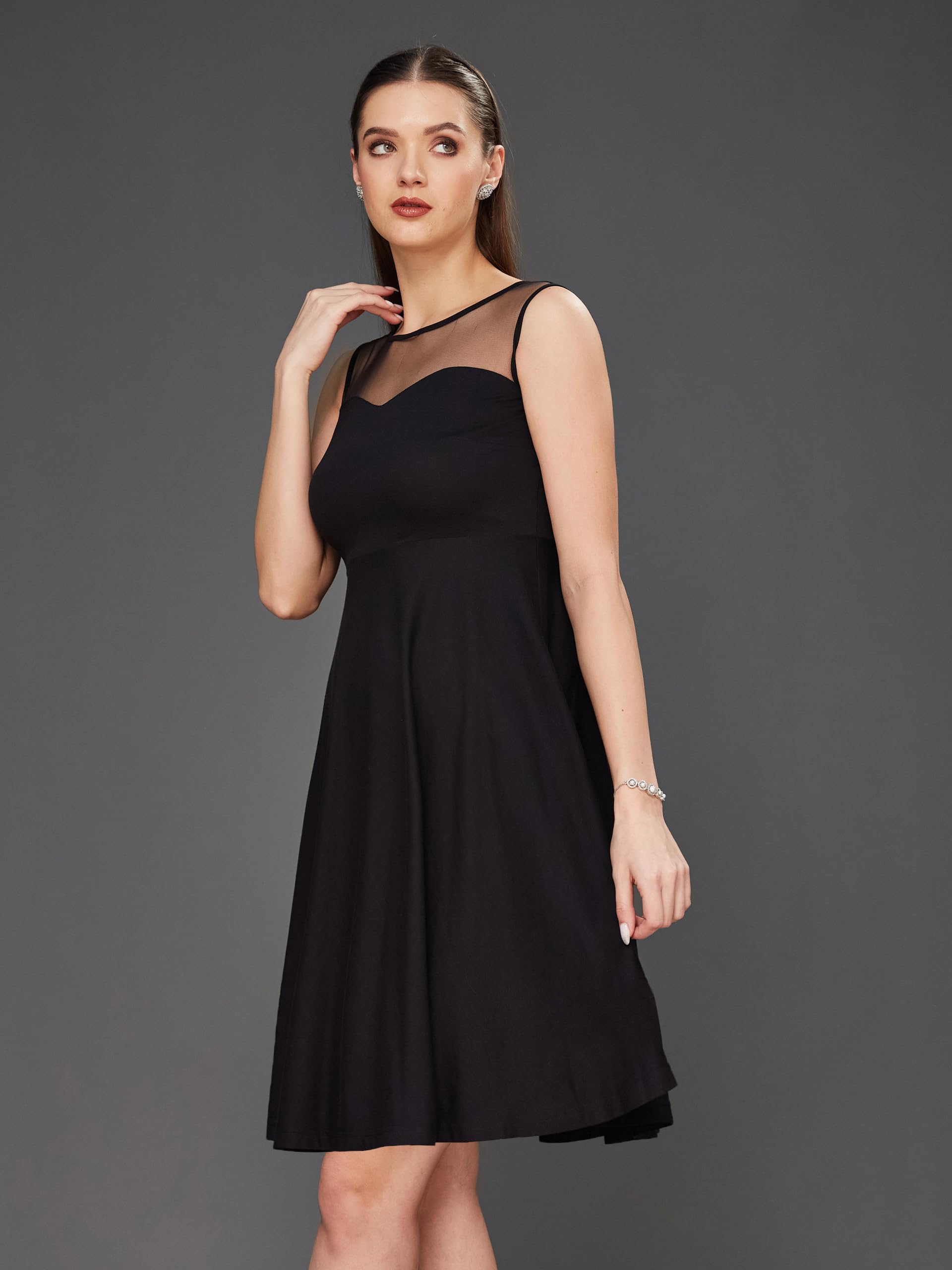 Miss Chase Women's Round Neck Sleeveless Back Cut Out Bow Mini Skater Dress (Mcss23D98-32-62-05, Black, L)