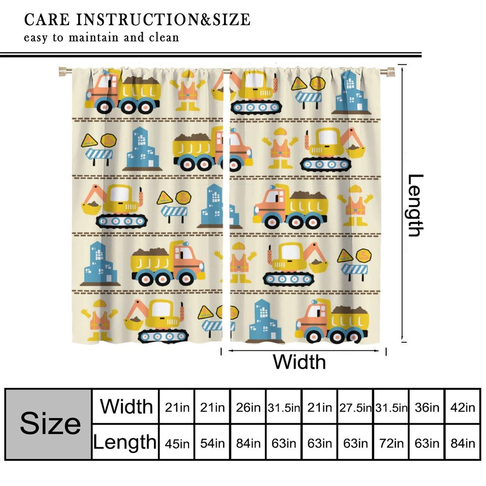 Cartoon Car Curtains for Kids Boys Bedroom Decor Construction Tractor Trucks Excavator Art Printed Blackout Window Treatment Fabric 2 Panel W21xL45in