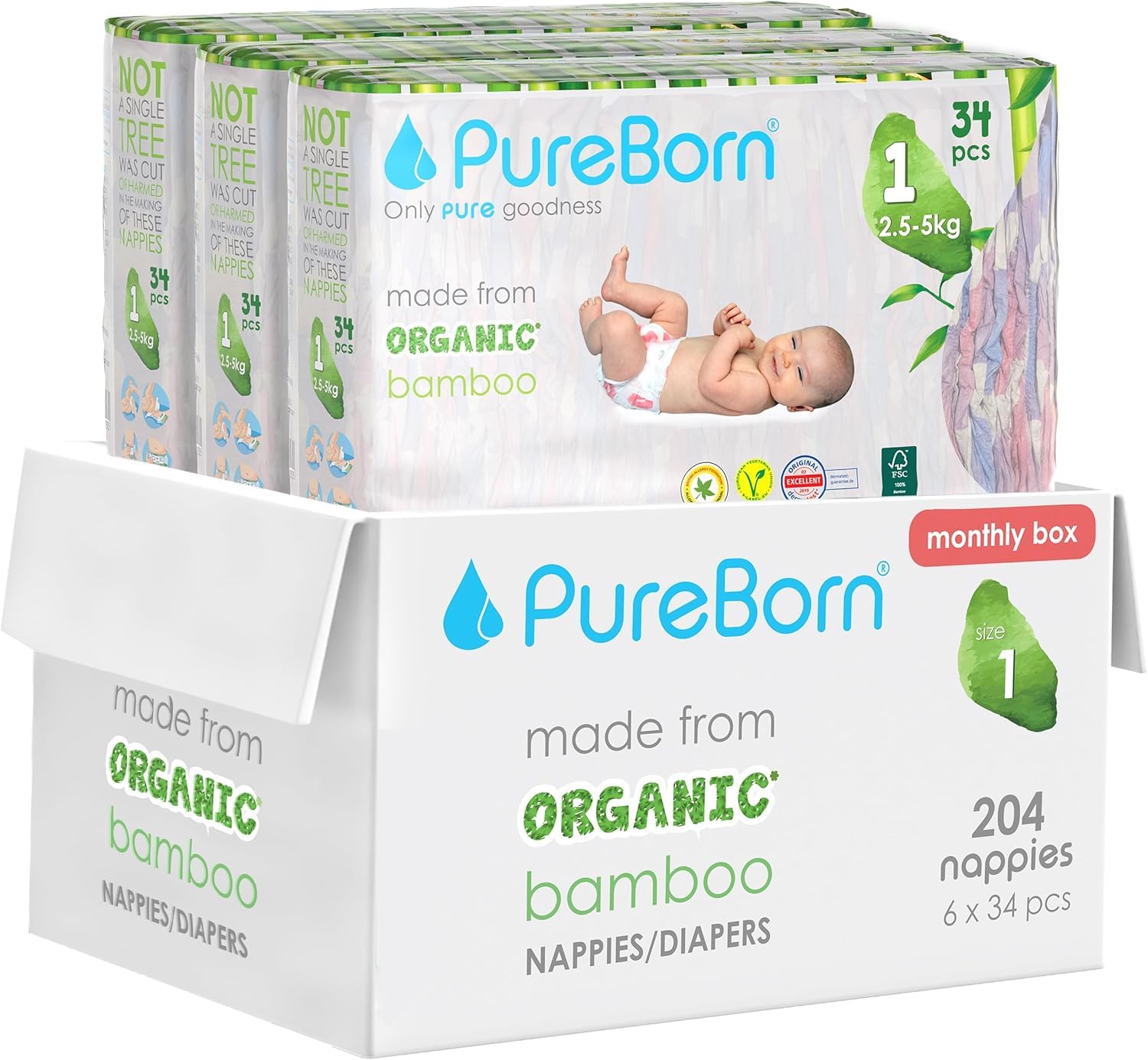 PureBorn Organic Natural Bamboo Baby Disposable Diapers-Size 1 by Fratelli |From 2 To 5 Kg|Assorted Print|Premium Super Soft| Maximum Leakage Protection|Eco Friendly Nappies|New Born Essentials S1-204s-image-20