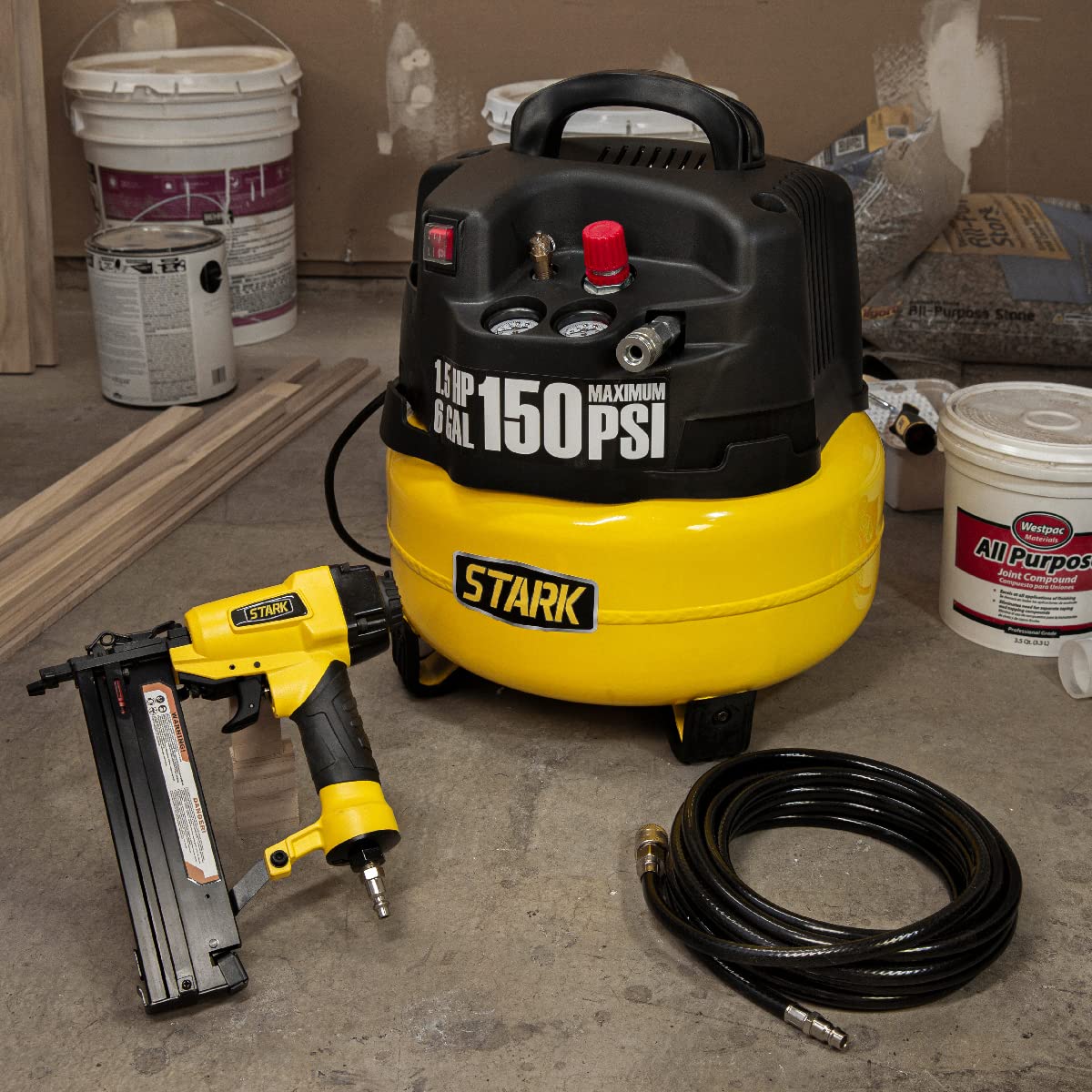 Stark 18 Gauge Brad Nailer and 6 Gallon Pancake Electric Oil-Less Air Compressor, 150 PSI (Combo Kit)