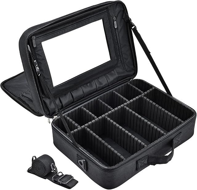 Professional Extra Large Makeup Bag with Mirror Cosmetic Case Travel Make Up Bag Vanity Organiser Beauty Train Case with Shoulder Strap and Dividers Compartment, Extra Large: 45x31.5x15cm, Black