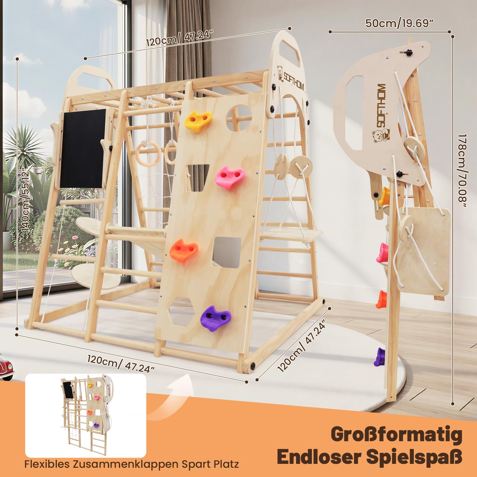 Maxi Telaio da Arrampicata per Interni, 12 in 1 Montessori Parco Giochi per Interni per Bambini(Pieghevole), Multifunzionale Telaio da Arrampicata di Legno, Lavagna, Oscillazione, Skateboard