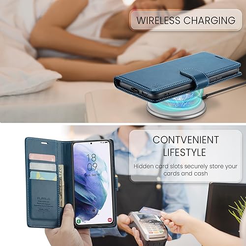 Miniatura 5 de Funda tipo cartera para Samsung Galaxy S21 con bloqueo RFID, soporte para tarjeta de crédito, de piel sintética, función atril, protección a prueba