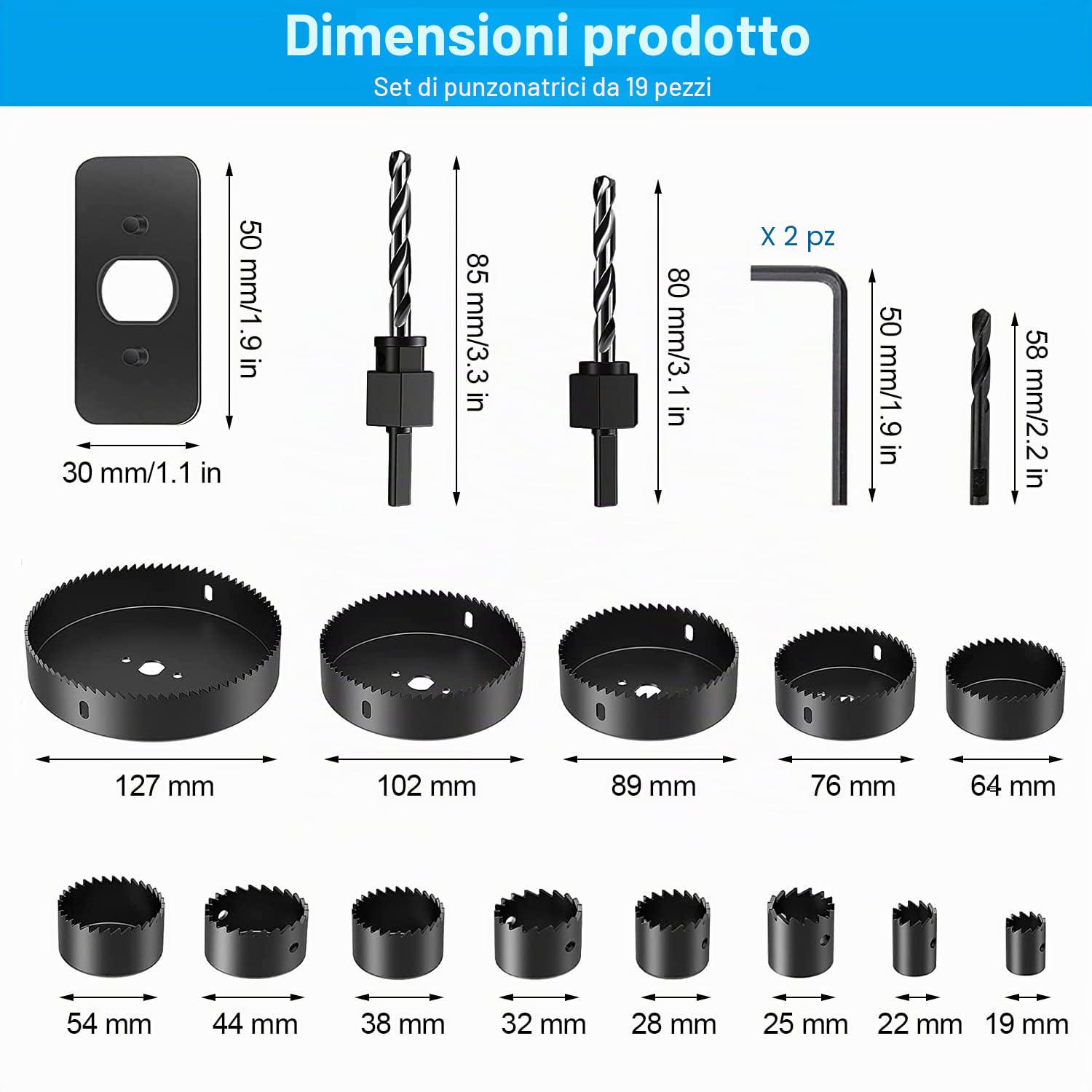 Set di seghe a tazza di alta qualità da 19 pezzi per fori precisi su legno, cartongesso e PVC (1)